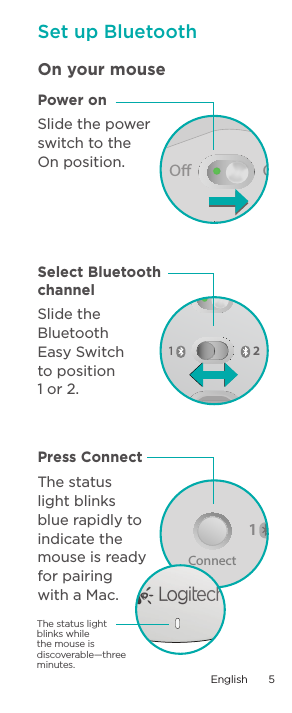 On21OConnectOn21OConnectOn21OConnectSet up BluetoothSelect Bluetooth channelPress ConnectOn your mouse The status light blinks blue rapidly to indicate the mouse is ready for pairing with a Mac.Slide the Bluetooth  Easy Switch  to position  1 or 2.Slide the power switch to the On position.Power onThe status light blinks while the mouse is discoverable—three minutes.English  5