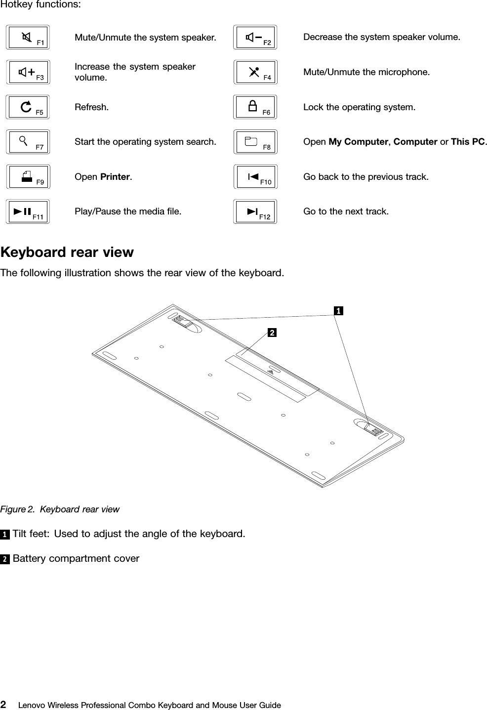 Hotkeyfunctions:Mute/Unmutethesystemspeaker.Decreasethesystemspeakervolume.Increasethesystemspeakervolume.Mute/Unmutethemicrophone.Refresh.Locktheoperatingsystem.Starttheoperatingsystemsearch.OpenMyComputer,ComputerorThisPC.OpenPrinter.Gobacktotheprevioustrack.Play/Pausethemediaﬁle.Gotothenexttrack.KeyboardrearviewThefollowingillustrationshowstherearviewofthekeyboard.Figure2.Keyboardrearview1Tiltfeet:Usedtoadjusttheangleofthekeyboard.2Batterycompartmentcover2LenovoWirelessProfessionalComboKeyboardandMouseUserGuide