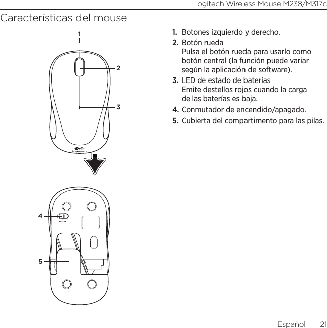 Español  21Logitech Wireless Mouse M238/M317cCaracterísticas del mouse1.  Botones izquierdo y derecho.2.  Botón rueda Pulsa el botón rueda para usarlo como botón central (la función puede variar según la aplicación de software).3.  LED de estado de baterías Emite destellos rojos cuando la carga de las baterías es baja.4. Conmutador de encendido/apagado.5.  Cubierta del compartimento para las pilas.45123