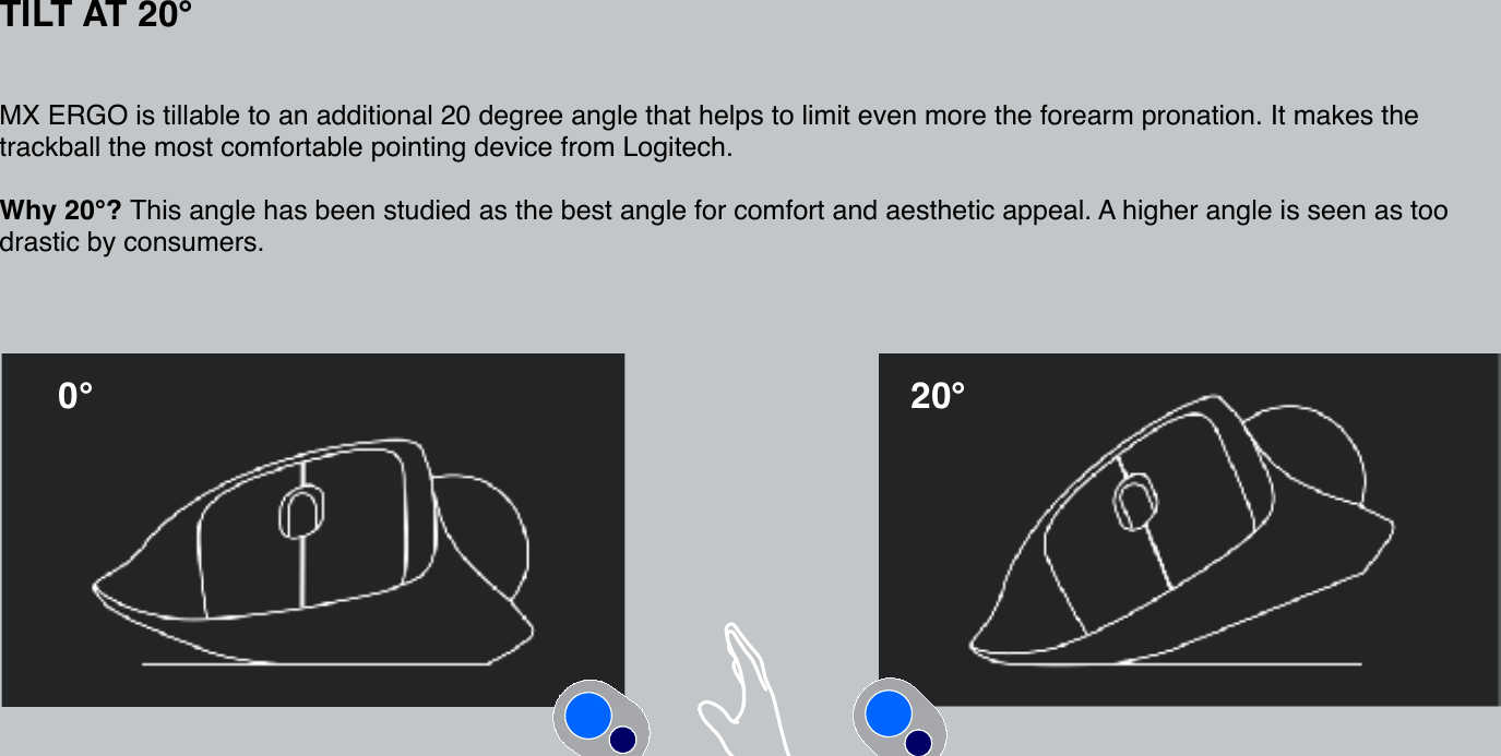 TILT AT 20°MX ERGO is tillable to an additional 20 degree angle that helps to limit even more the forearm pronation. It makes the trackball the most comfortable pointing device from Logitech. Why 20°? This angle has been studied as the best angle for comfort and aesthetic appeal. A higher angle is seen as too drastic by consumers. 0° 20°AVR 30° AVR 45°