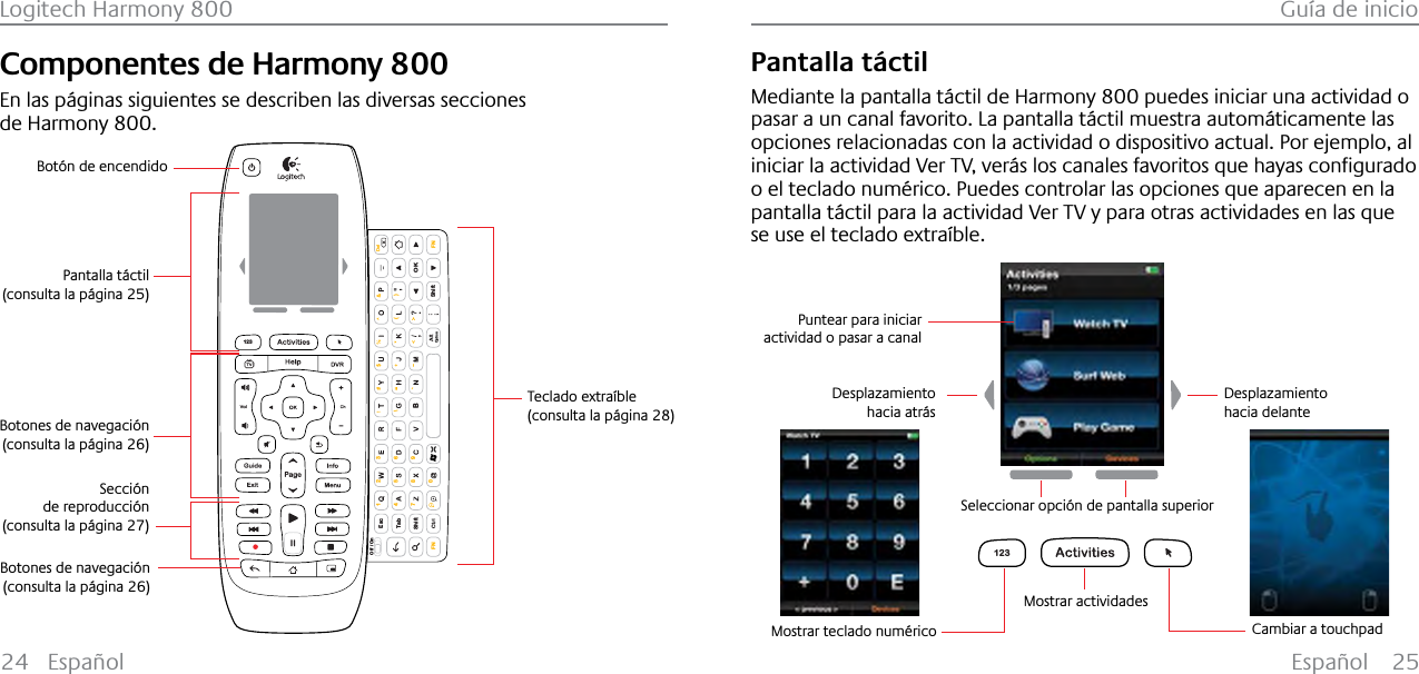 Español 25Logitech Harmony 800 Guía de inicio24 EspañolComponentes de Harmony 800En las páginas siguientes se describen las diversas secciones de Harmony 800.EscShiftShiftTabOKOff / On\( )1472580369FN FNBDelOption123Teclado extraíble(consulta la página 28)Pantalla táctil(consulta la página 25)Botones de navegación(consulta la página 26)Sección de reproducción(consulta la página 27)Botón de encendidoBotones de navegación(consulta la página 26)Pantalla táctilMediante la pantalla táctil de Harmony 800 puedes iniciar una actividad o pasar a un canal favorito. La pantalla táctil muestra automáticamente las opciones relacionadas con la actividad o dispositivo actual. Por ejemplo, al LQLFLDUODDFWLYLGDG9HU79YHU£VORVFDQDOHVIDYRULWRVTXHKD\DVFRQƂJXUDGRo el teclado numérico. Puedes controlar las opciones que aparecen en la pantalla táctil para la actividad Ver TV y para otras actividades en las que se use el teclado extraíble.123Cambiar a touchpadMostrar actividadesDesplazamiento hacia atrásDesplazamiento hacia delanteSeleccionar opción de pantalla superiorPuntear para iniciar actividad o pasar a canalMostrar teclado numérico