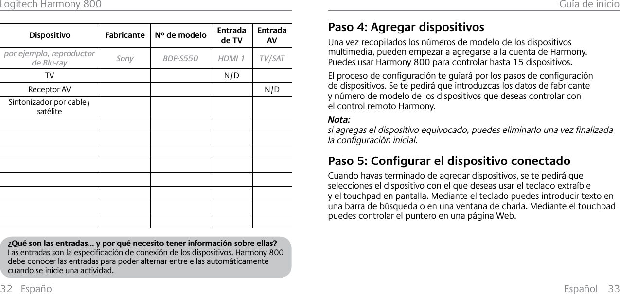 Español 33Logitech Harmony 800 Guía de inicio32 EspañolDispositivo Fabricante Nº de modelo Entradade TVEntradaAVpor ejemplo, reproductor de Blu-ray Sony BDP-S550 HDMI 1 TV/SATTV N/DReceptor AV N/DSintonizador por cable/satélite¿Qué son las entradas... y por qué necesito tener información sobre ellas?/DVHQWUDGDVVRQODHVSHFLƂFDFLµQGHFRQH[LµQGHORVGLVSRVLWLYRV+DUPRQ\800debe conocer las entradas para poder alternar entre ellas automáticamente cuando se inicie una actividad.Paso 4: Agregar dispositivosUna vez recopilados los números de modelo de los dispositivos multimedia, pueden empezar a agregarse a la cuenta de Harmony.Puedes usar Harmony 800 para controlar hasta 15 dispositivos.(OSURFHVRGHFRQƂJXUDFLµQWHJXLDU£SRUORVSDVRVGHFRQƂJXUDFLµQde dispositivos. Se te pedirá que introduzcas los datos de fabricante y número de modelo de los dispositivos que deseas controlar con el control remoto Harmony.Nota:VLDJUHJDVHOGLVSRVLWLYRHTXLYRFDGRSXHGHVHOLPLQDUORXQDYH]ƂQDOL]DGDODFRQƂJXUDFLµQLQLFLDO3DVR&amp;RQƂJXUDUHOGLVSRVLWLYRFRQHFWDGRCuando hayas terminado de agregar dispositivos, se te pedirá que selecciones el dispositivo con el que deseas usar el teclado extraíble y el touchpad en pantalla. Mediante el teclado puedes introducir texto en una barra de búsqueda o en una ventana de charla. Mediante el touchpad puedes controlar el puntero en una página Web.