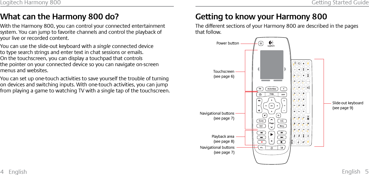 English 5Logitech Harmony 800 Getting Started Guide4 EnglishWhat can the Harmony 800 do?With the Harmony 800, you can control your connected entertainment system. You can jump to favorite channels and control the playback of your live or recorded content.You can use the slide-out keyboard with a single connected device to type search strings and enter text in chat sessions or emails.On the touchscreen, you can display a touchpad that controls the pointer on your connected device so you can navigate on-screen menus and websites.You can set up one-touch activities to save yourself the trouble of turning on devices and switching inputs. With one-touch activities, you can jump from playing a game to watching TV with a single tap of the touchscreen.Getting to know your Harmony 800The different sections of your Harmony 800 are described in the pages that follow.EscShiftShiftTabOKOff / On\( )1472580369FN FNBDelOption123Slide-out keyboard(see page 9)Touchscreen(see page 6)Navigational buttons(see page 7)Playback area(see page 8)Power buttonNavigational buttons(see page 7)