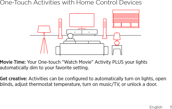 English  1110  EnglishOne-Touch Activities with Home Control DevicesMovie Time: Your One-touch “Watch Movie” Activity PLUS your lights automatically dim to your favorite setting.Get creative: Activities can be conﬁgured to automatically turn on lights, open blinds, adjust thermostat temperature, turn on music/TV, or unlock a door.