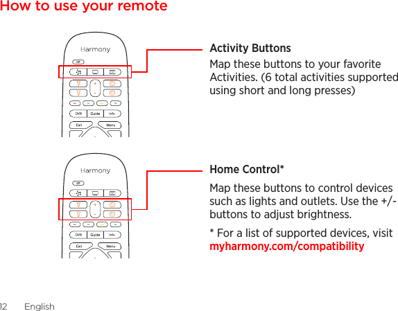 English  1312  EnglishHow to use your remoteActivity ButtonsMap these buttons to your favorite Activities. (6 total activities supported using short and long presses)Home Control*Map these buttons to control devices such as lights and outlets. Use the +/- buttons to adjust brightness.* For a list of supported devices, visit myharmony.com/compatibility