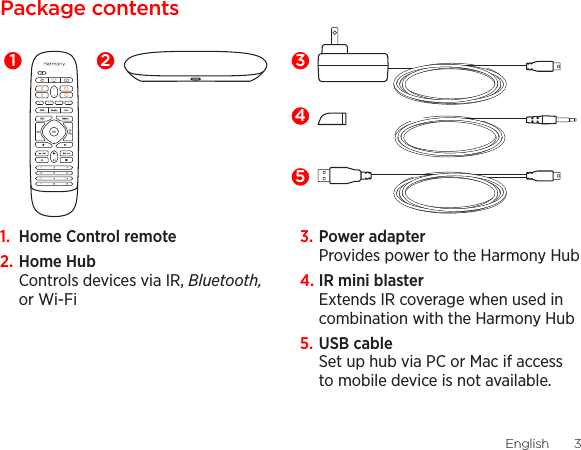 English  3Package contents1.  Home Control remote2. Home Hub Controls devices via IR, Bluetooth, or Wi-Fi3. Power adapter Provides power to the Harmony Hub4. IR mini blaster Extends IR coverage when used in combination with the Harmony Hub5. USB cable Set up hub via PC or Mac if access to mobile device is not available.1 2534