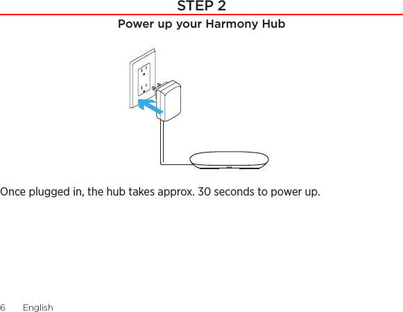 English  76  EnglishSTEP 2Power up your Harmony HubOnce plugged in, the hub takes approx. 30 seconds to power up.