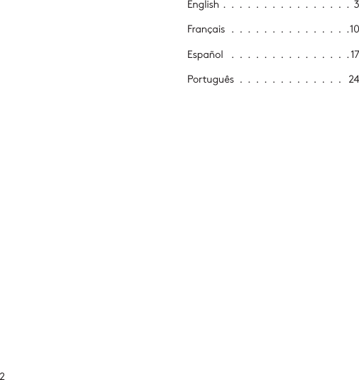 2English  .  .  .  .  .  .  .  .  .  .  .  .  .  .  .  .  3Français  .  .  .  .  .  .  .  .  .  .  .  .  .  .  .10Español   .  .  .  .  .  .  .  .  .  .  .  .  .  .  . 17Português  .  .  .  .  .  .  .  .  .  .  .  .  .   24