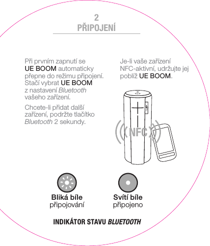 Svítí bíle připojenoBliká bíle připojováníPři prvním zapnutí se UEBOOM automaticky přepne do režimu připojení. Stačí vybrat UEBOOM znastavení Bluetooth vašeho zařízení.Chcete-li přidat další zařízení, podržte tlačítko Bluetooth 2 sekundy. Je-li vaše zařízení NFC-aktivní, udržujte jej poblíž UEBOOM.NFCINDIKÁTOR STAVU BLUETOOTHPŘIPOJENÍ2