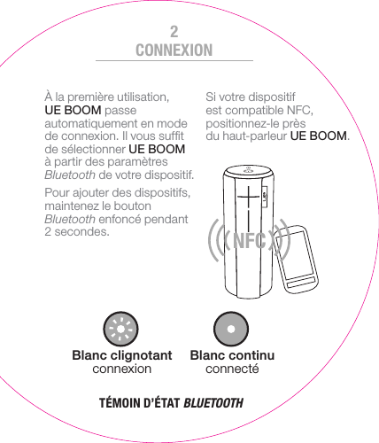 Blanc continu connectéBlanc clignotant connexionNFCTÉMOIN D’ÉTAT BLUETOOTHCONNEXION2À la première utilisation, UEBOOM passe automatiquement en mode de connexion. Il vous sufﬁt de sélectionner UEBOOM à partir des paramètres Bluetooth de votre dispositif.Pour ajouter des dispositifs, maintenez le bouton Bluetooth enfoncé pendant 2 secondes. Si votre dispositif est compatible NFC, positionnez-le près duhaut-parleur UEBOOM.