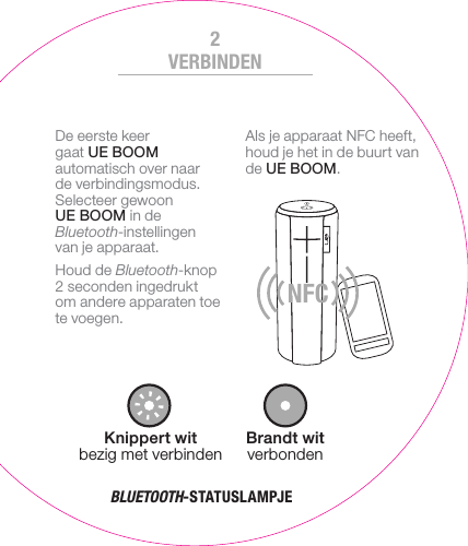 Brandt wit verbondenKnippert wit bezig met verbindenDe eerste keer gaat UEBOOM automatisch over naar de verbindingsmodus. Selecteer gewoon UEBOOM in de Bluetooth-instellingen vanjeapparaat.Houd de Bluetooth-knop 2 seconden ingedrukt omandere apparaten toe te voegen. Als je apparaat NFC heeft, houd je het in de buurt van de UEBOOM.NFCBLUETOOTH-STATUSLAMPJEVERBINDEN2