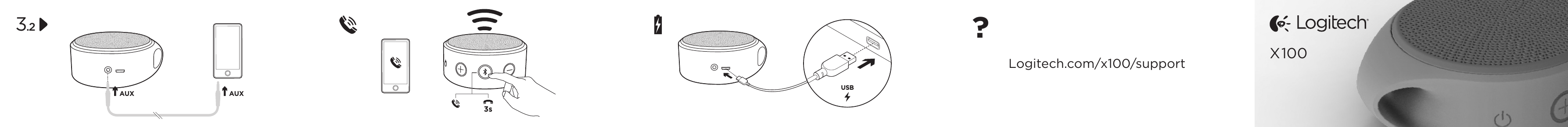 AUX AUX3sUSB3.2?Logitech.com/x100/support X100