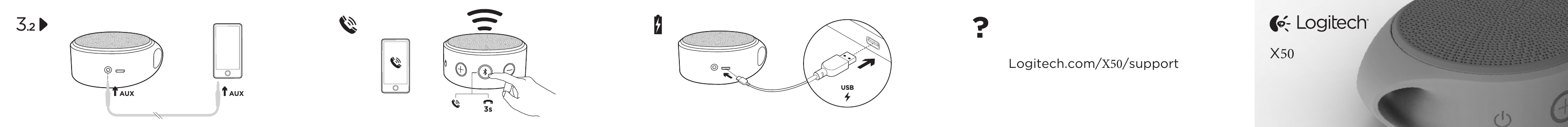 AUX AUX3sUSB3.2?Logitech.com/X50/support X50