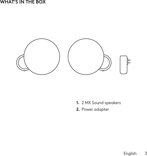 English  3WHAT’S IN THE BOX1.  2 MX Sound speakers2.  Power adapter