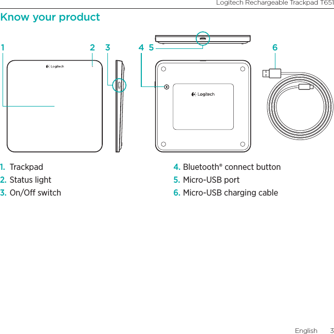 Logitech Rechargeable Trackpad T651English  3Know your product1.  Trackpad2. Status light 3. On/O switch 4. Bluetooth® connect button5. Micro-USB port6. Micro-USB charging cable2 61 3 4 5