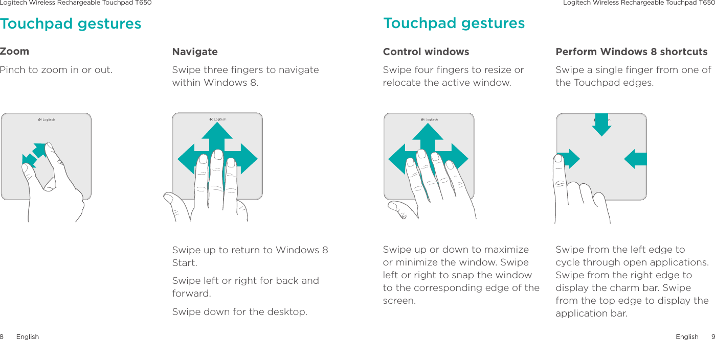 Logitech Wireless Rechargeable Touchpad T650 Logitech Wireless Rechargeable Touchpad T650English98EnglishNavigateSwipe three ﬁngers to navigate within Windows 8.Swipe up to return to Windows 8 Start. Swipe left or right for back and forward. Swipe down for the desktop.ZoomPinch to zoom in or out.Touchpad gesturesControl windows  Swipe four ﬁngers to resize or relocate the active window.Swipe up or down to maximize or minimize the window. Swipe left or right to snap the window to the corresponding edge of the screen.Swipe from the left edge to cycle through open applications. Swipe from the right edge to display the charm bar. Swipe from the top edge to display the application bar.Perform Windows 8 shortcutsSwipe a single ﬁnger from one of  the Touchpad edges.Touchpad gestures
