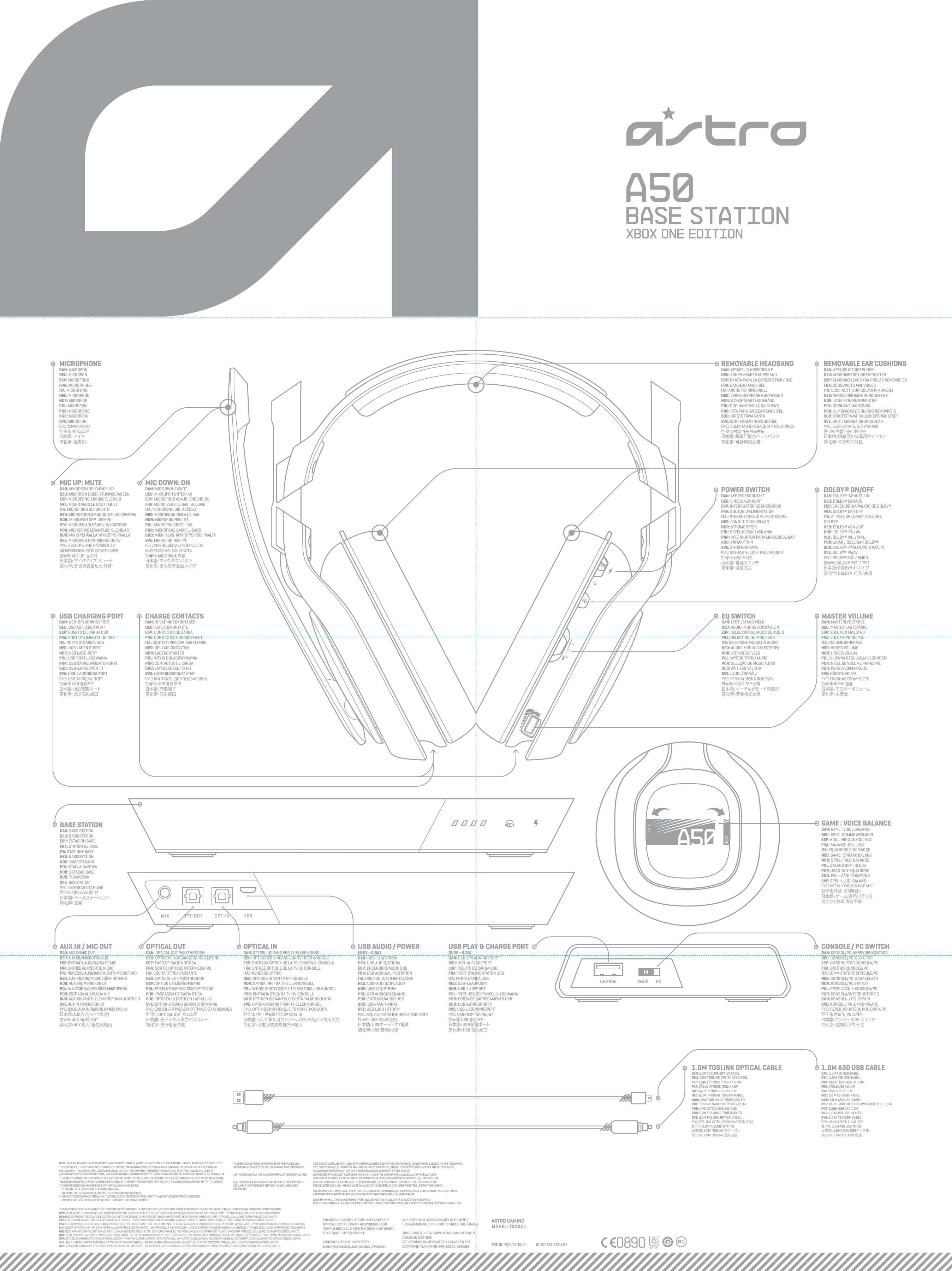 A50BASE STATIONXBOX ONE EDITION1.0M A50 USB CABLEDAN: 1,0M A50 USB-KABEL DEU: 1,0 M A50 USB-KABELESP: CABLE USB A50 DE 1.0MFRA: CÂBLE USB A50 1MITA: CAVO USB DI 1 MNED: 1,0 M A50 USB-KABELNOR: 1,0 M A50 USB-KABELPOL: KABEL USB DO SŁUCHAWEK A50 O DŁ. 1,0 MPOR: CABO USB A50 1,0MSUO: 1,0 M A50 USB-KAAPELISVE: 1,0 M A50 USB-KABEL: USB 1,0   A50한국어: 1.0M A50 USB 케이블 日本語: 1.0MのA50 USBケーブル 简化字: 1.0M A50 USB 电缆EQ SWITCHDAN: LYDTILSTAND VÆLGDEU: AUDIO-MODUS AUSWÄHLENESP: SELECCIÓN DE MODO DE AUDIOFRA: SÉLECTION DU MODE SONITA: SELEZIONE MODALITÀ AUDIONED: AUDIO-MODUS SELECTERENNOR: LYDMODUS VELGPOL: WYBÓR TRYBU AUDIO POR: SELEÇÃO DE MODO ÁUDIOSUO: ÄÄITILAN VALINTA SVE: LJUDLÄGE VÄLJ:   한국어: 오디오 모드선택日本語: オーディオモードの選択简化字: 音频模式选择MASTER VOLUMEDAN: MASTERLYDSTYRKEDEU: MASTER LAUTSTÄRKEESP: VOLUMEN MAESTROFRA: VOLUME PRINCIPALITA: VOLUME GENERALENED: HOOFD VOLUMENOR: HOVED-VOLUMPOL: GŁÓWNA REGULACJA GŁOŚNOŚCIPOR: NÍVEL DE VOLUME PRINCIPALSUO: PERUS-VOIMAKKUUSSVE: HÖGSTA VOLYM:  한국어: 마스터 볼륨日本語: マスターボリューム简化字: 主音量DOLBY® ON/OFFDAN: DOLBY® TÆND/SLUKDEU: DOLBY® EIN/AUSESP: ENCENDIDO/APAGADO DE DOLBY®FRA: DOLBY® ON / OFFITA: ATTIVAZIONE/DISATTIVAZIONE DOLBY®NED: DOLBY® AAN / UITNOR: DOLBY® PÅ / AVPOL: DOLBY® WŁ. / WYŁ.POR: LIGAR / DESLIGAR DOLBY® SUO: DOLBY® PÄÄLLÄ/POIS PÄÄLTÄSVE: DOLBY® PÅ/AV: DOLBY® ./ .한국어: DOLBY® 켜기 / 끄기日本語: DOLBY®オン/オフ简化字: DOLBY® 打开/关闭OPTICAL INDAN: OPTISK INDGANG FRA TV ELLER KONSOLDEU: OPTISCHER EINGANG VON TV ODER KONSOLEESP: ENTRADA ÓPTICA DE LA TELEVISIÓN O CONSOLAFRA: ENTRÉE OPTIQUE DE LA TV OU CONSOLEITA: INGRESSO OTTICONED: OPTISCH IN VAN TV OF CONSOLENOR: OPTISK INN FRA TV ELLER KONSOLLPOL: WEJŚCIE OPTYCZNE Z TELEWIZORA LUB KONSOLIPOR: ENTRADA ÓTICA DA TV OU CONSOLASUO: OPTINEN SISÄÄNTULO TV:STÄ TAI KONSOLISTASVE: OPTISK-INGÅNG FRÅN TV ELLER KONSOL:       한국어: TV나 콘솔로부터 OPTICAL IN日本語: テレビまたはコンソールからの光デジタル入力简化字: 从电视或游戏机光纤输入OPTICAL OUTDAN: OPTICAL OUT PASSTHROUGHDEU: OPTISCHE AUSGANGSDURCHLEITUNGESP: PASO DE SALIDA ÓPTICAFRA: SORTIE OPTIQUE INTERMÉDIAIREITA: USCITA OTTICA PASSANTENED: OPTISCH UIT-PASSTHROUGHNOR: OPTISK UTGJENNOMGANGPOL: PRZELOTOWE WYJŚCIE OPTYCZNEPOR: PASSAGEM DE SAÍDA ÓTICASUO: OPTISEN ULOSTULON LÄPIKULKUSVE: OPTISK-UTGÅNG GENOMSTRÖMNING:    한국어: OPTICAL OUT  패스스루日本語: 光デジタル出力パススルー简化字: 光纤输出传递GAME : VOICE BALANCEDAN: GAME : VOICE BALANCEDEU: SPIEL:STIMME ABGLEICHESP: EQUILIBRIO JUEGO : VOZFRA: BALANCE JEU : VOIXITA: EQUILIBRIO GIOCO:VOCENED: GAME : SPRAAK BALANSNOR: SPILL-:TALE-BALANSEPOL: BALANS GRY : GŁOSUPOR: JOGO :VOZ EQUILÍBRIOSUO: PELI-:ÄÄNI-TASAPAINOSVE: SPEL-:LJUD-BALANS:  :  한국어: 게임 : 음성밸런스日本語: ゲーム:音声バランス简化字: 游戏:语音平衡MICROPHONEDAN: MIKROFONDEU: MIKROFONESP: MICRÓFONOFRA: MICROPHONEITA: MICROFONONED: MICROFOONNOR: MIKROFONPOL: MIKROFONPOR: MICROFONESUO: MIKROFONISVE: MIKROFON: 한국어: 마이크로폰日本語: マイク简化字: 麦克风REMOVABLE EAR CUSHIONSDAN: AFTAGELIGE ØREPUDERDEU: ABNEHMBARE OHRENPOLSTERESP: ALMOHADILLAS PARA OREJAS REMOVIBLESFRA: COUSSINETS AMOVIBLESITA: CUSCINETTI AURICOLARI RIMOVIBILINED: VERWIJDERBARE OORKUSSENSNOR: UTSKIFTBARE ØREPUTERPOL: ODPINANE NAUSZNIKIPOR: ALMOFADAS DE OUVIDO REMOVÍVEISSUO: IRROTETTAVAT KUULOKEPEHMUSTEETSVE: BORTTAGBARA ÖRONKUDDAR:  한국어: 착탈 가능 이어쿠션日本語: 脱着可能な耳用クッション简化字: 可拆卸的耳垫MIC UP: MUTEDAN: MIKROFON OP: DÆMP LYDDEU: MIKROFON OBEN: STUMMSCHALTENESP: MICRÓFONO ARRIBA: SILENCIOFRA: MICRO VERS LE HAUT : MUETITA: MICROFONO SU: SPENTONED: MICROFOON OMHOOG: GELUID DEMPENNOR: MIKROFON OPP : DEMPEPOL: MIKROFON GŁOŚNIEJ: WYCISZENIEPOR: MICROFONE LEVANTADO: SILENCIARSUO: MIKKI YLHÄÄLLÄ: MYKISTYS PÄÄLLÄSVE: MIKROFON UPP: MIKROFON AV:   :  한국어: MIC UP: 음소거日本語: マイクアップ：ミュート简化字: 麦克风音量加大:静音MIC DOWN: ONDAN: MIC DOWN: TÆNDTDEU: MIKROFON UNTEN: ANESP: MICRÓFONO ABAJO: ENCENDIDOFRA: MICRO VERS LE BAS : ALLUMÉITA: MICROFONO GIÙ: ACCESONED: MICROFOON OMLAAG: AANNOR: MIKROFON NED : PÅPOL: MIKROFON CISZEJ: WŁ.POR: MICROFONE BAIXO: LIGADOSUO: MIKKI ALAS: MYKISTYS POIS PÄÄLTÄSVE: MIKROFON NER: PÅ:   : 한국어: MIC DOWN: 켜짐日本語: マ イ クダ ウ ン：オ ン简化字: 麦克风音量减小:打开REMOVABLE HEADBANDDAN: AFTAGELIG HOVEDBØJLEDEU: ABNEHMBARES KOPFBANDESP: BANDA PARA LA CABEZA REMOVIBLEFRA: BANDEAU AMOVIBLEITA: ARCHETTO RIMOVIBILENED: VERWIJDERBARE HOOFDBANDNOR: UTSKIFTBART HODEBÅNDPOL: ODPINANY PAŁĄK NA GŁOWĘPOR: FITA PARA CABEÇA REMOVÍVELSUO: IRROTETTAVA PANTASVE: BORTTAGBAR HUVUDBYGEL:    한국어: 착탈 가능 헤드밴드日本語: 脱着可能なヘッドバンド简化字: 可拆卸的头带USB CHARGING PORTDAN: USB-OPLADNINGSPORTDEU: USB AUFLADEN PORTESP: PUERTO DE CARGA USBFRA: PORT D&apos;ALIMENTATION USBITA: PORTA DI CARICA USBNED: USB LADEN POORTNOR: USB LADE-PORTPOL: USB PORT ŁADOWANIA POR: USB CARREGAMENTO PORTASUO: USB-LATAUSPORTTISVE: USB-LADDNINGS PORT: USB  한국어: USB 충전포트日本語: USB充電ポート简化字: USB 充电端口BASE STATIONDAN: BASE STATIONDEU: BASISSTATIONESP: ESTACIÓN BASEFRA: STATION DE BASEITA: STAZIONE BASENED: BASISSTATIONNOR: BASESTASJONPOL: STACJA BAZOWAPOR: ESTAÇÃO BASESUO: TUKIASEMASVE: BASSTATION:  한국어: 베이스 스테이션日本語: ベースステーション简化字: 支架AUX IN / MIC OUTDAN: AUX IN/MIC OUTDEU: AUX EIN/MIKROFON AUSESP: ENTRADA AUX/SALIDA DE MICFRA: ENTRÉE AUX/SORTIE MICROITA: INGRESSO AUSILIARIO/USCITA MICROFONONED: AUX-INGANG/MICROFOON-UITGANGNOR: AUX INN/MIKROFON UTPOL: WEJŚCIE AUX/WYJŚCIE MIKROFONUPOR: ENTRADA AUX/SAÍDA MICSUO: AUX-SISÄÄNTULO / MIKROFONIN ULOSTULOSVE: AUX IN / MIKROFON UT:  AUX IN/ 日本語: AUX入力/マイク出 力한국어: AUX IN/MIC OUT简化字: AUX 输入/麦克风输出XBOX PCCHARGE CONTACTSDAN: OPLADNINGSKONTAKERDEU: AUFLADEKONTAKTEESP: CONTACTOS DE CARGAFRA: CONTACTS DE CHARGEMENTITA: CONTATTI PER CARICABATTERIENED: OPLAADCONTACTENNOR: LADEKONTAKTERPOL: WTYKI DOŁADOWYWANIAPOR: CONTACTOS DE CARGASUO: LATAUSKOSKETTIMETSVE: LADDNINGSKONTAKTER:   한국어: USB 충전 부위日本語: 充電端子简化字: 充电接口MODEL: TXDX01  ASTRO GAMINGFCC ID: YQ6-TXDX01IC: 9207A-TXDX01INDUSTRY CANADA CONFORMITY STATEMENT / DÉCLARATION DE CONFORMITÉ D’INDUSTRIE CANADATHIS CLASS B DIGITAL APPARATUS COMPLIES WITH CANADIAN ICES-003.CET APPAREIL NUMÉRIQUE DE LA CLASSE B EST CONFORME À LA NORME NMB-003 DU CANADA.CONTAINS LITHIUM ION BATTERY. BATTERY MUST BE RECYCLED OR DISPOSED OF PROPERLYTHIS EQUIPMENT COMPLIES WITH THE EUROPEAN R&amp;TTE DIRECTIVE.  A COPY OF THE EU/EC DECLARATION OF CONFORMITY CAN BE FOUND AT HTTP://EU.SKULLCANDY.COM/PRODUCTDOCUMENTSDAN: DETTE UDSTYR OVERHOLDER DET EUROPÆISKE R&amp;TTE-DIREKTIV.  EN KOPI AF EU/EF-OVERENSSTEMMELSESERKLÆRINGEN KAN FINDES PÅ HTTP://EU.SKULLCANDY.COM/PRODUCTDOCUMENTSDEU: DIESES PRODUKT ERFÜLLT DIE EUROPÄISCHE R&amp;TTE-RICHTLINIE.  EINE KOPIE DER EU/EG-KONFORMITÄTSERKLÄRUNG FINDEN SIE UNTER HTTP://EU.SKULLCANDY.COM/PRODUCTDOCUMENTSESP: ESTE EQUIPO CUMPLE CON LA DIRECTIVA R&amp;TTE EUROPEA.  LA DECLARACIÓN DE CONFORMIDAD DE LA UE/CE SE PUEDE CONSULTAR EN HTTP://EU.SKULLCANDY.COM/PRODUCTDOCUMENTS.FRA: CET ÉQUIPEMENT EST EN CONFORMITÉ AVEC LA DIRECTIVE EUROPÉENNE ETRT.  UN EXEMPLAIRE DE LA DÉCLARATION DE CONFORMITÉ CE/UE PEUT ÊTRE TROUVÉ À HTTP://EU.SKULLCANDY.COM/PRODUCTDOCUMENTS ITA: QUESTA APPARECCHIATURA È CONFORME ALLA DIRETTIVA EUROPEA R&amp;TTE.  UNA COPIA DELLA DICHIARAZIONE UE/CE DI CONFORMITÀ È DISPONIBILE ALL&apos;INDIRIZZO HTTP://EU.SKULLCANDY.COM/PRODUCTDOCUMENTSNED: DEZE APPARATUUR VOLDOET AAN DE RICHTLIJN VAN HET EUROPEES R &amp; TTE . EEN KOPIE VAN DE EU / EG-VERKLARING VAN CONFORMITEIT KUNT U VINDEN OP HTTP://EU.SKULLCANDY.COM/PRODUCTDOCUMENTSNOR: DETTE UTSTYRET OVERHOLDER DET EUROPEISKE RADIO- OG TELETERMINALDIREKTIVET (R&amp;TTE-DIREKTIVET).  EN KOPI AV EU/EF SAMSVARSERKLÆRING FINNER DU PÅ HTTP://EU.SKULLCANDY.COM/PRODUCTDOCUMENTSPOR: ESTE EQUIPAMENTO ESTÁ EM CONFORMIDADE COM A DIRETIVA EUROPEIA R&amp;TTE.  ESTÁ DISPONÍVEL UMA CÓPIA DA DECLARAÇÃO DE CONFORMIDADE DA UE/CE HTTP://EU.SKULLCANDY.COM/PRODUCTDOCUMENTS.SUO: TÄMÄ LAITE NOUDATTAA EUROOPAN R&amp;TTE-DIREKTIIVIN VAATIMUKSIA.  EU-/EC-VAATIMUSTENMUKAISUUSVAKUUTUS LÖYTYY OSOITTEESTA HTTP://EU.SKULLCANDY.COM/PRODUCTDOCUMENTS.SVE: DENNA UTRUSTNING UPPFYLLER DET EUROPEISKA R&amp;TTE-DIREKTIVET.  EN KOPIA AV EU/EG-FÖRSÄKRAN OM ÖVERENSSTÄMMELSE FINNS PÅ HTTP://EU.SKULLCANDY.COM/PRODUCTDOCUMENTS.0890 BC1.0M TOSLINK OPTICAL CABLEDAN: 2,0M TOSLINK-OPTISK KABELDEU: 2,0M TOSLINK OPTISCHES KABELESP: CABLE ÓPTICO TOSLINK 2.0MFRA: CÂBLE OPTIQUE TOSLINK 2MITA: CAVO OTTICO TOSLINK 2 MNED: 2,0M OPTISCHE TOSLINK-KABELNOR: 2,0M TOSLINK OPTISKE KABLERPOL: TOSLINK KABEL OPTYCZNY 2,0 MPOR: CABO ÓTICO TOSLINK 2,0MSUO: 2,0M TOSLINK OPTINEN JOHTOSVE: 2,0M TOSLINK OPTISK KABEL: TOSLINK   2,0M한국어: 2.0M TOSLINK 광케이블日本語: 2.0M TOSLINK 光ケーブル简化字: 2.0M TOSLINK 光纤电缆POWER SWITCHDAN: AFBRYDERKONTAKTDEU: EINSCHALTKNOPFESP: INTERRUPTOR DE ENCENDIDOFRA: BOUTON D&apos;ALIMENTATIONITA: INTERRUTTORE DI ALIMENTAZIONENED: AAN/UIT-SCHAKELAARNOR: STRØMBRYTERPOL: PRZEŁĄCZNIK ZASILANIAPOR: INTERRUPTOR PARA LIGAR/DESLIGARSUO: VIRTAKYTKINSVE: STRÖMBRYTARE:   한국어: 전원 스위치日本語: 電源スイッチ简化字: 电源开关CHARGEUSBCONSOLE / PC SWITCHDAN: KONSOL/PC-AFBRYDERKONTAKTDEU: CONSOLE/PC-SCHALTERESP: INTERRUPTOR CONSOLA/PCFRA: BOUTON CONSOLE/PCITA: COMMUTATORE CONSOLE/PCNED: CONSOLE/PC-SCHAKELAARNOR: KONSOLL/PC BRYTERPOL: PRZEŁĄCZNIK KONSOLA/PCPOR: CONSOLA/INTERRUPTOR PCSUO: KONSOLI- / PC-KYTKINSVE: KONSOL / PC-OMKOPPLARE:  /한국어: 콘솔 및 PC 스위치日本語: コンソール/PCスイッチ简化字: 控制台/PC 开关CHANGES OR MODIFICATIONS NOT EXPRESSLY APPROVED BY THE PARTY RESPONSIBLE FOR COMPLIANCE COULD VOID THE USER’S AUTHORITY TO OPERATE THE EQUIPMENT.NOTE: THIS EQUIPMENT HAS BEEN TESTED AND FOUND TO COMPLY WITH THE LIMITS FOR A CLASS B DIGITAL DEVICE, PURSUANT TO PART 15 OF THE FCC RULES. THESE LIMITS ARE DESIGNED TO PROVIDE REASONABLE PROTECTION AGAINST HARMFUL INTERFERENCE IN A RESIDENTIAL INSTALLATION. THIS EQUIPMENT GENERATES, USES AND CAN RADIATE RADIO FREQUENCY ENERGY AND, IF NOT INSTALLED AND USED IN ACCORDANCE WITH THE INSTRUCTIONS, MAY CAUSE HARMFUL INTERFERENCE TO RADIO COMMUNICATIONS. HOWEVER, THERE IS NO GUARANTEE THAT INTERFERENCE WILL NOT OCCUR IN A PARTICULAR INSTALLATION. IF THIS EQUIPMENT DOES CAUSE HARMFUL INTERFERENCE TO RADIO OR TELEVISION RECEPTION, WHICH CAN BE DETERMINED BY TURNING THE EQUIPMENT OFF AND ON, THE USER IS ENCOURAGED TO TRY TO CORRECT THE INTERFERENCE BY ONE OR MORE OF THE FOLLOWING MEASURES:—REORIENT OR RELOCATE THE RECEIVING ANTENNA.—INCREASE THE SEPARATION BETWEEN THE EQUIPMENT AND RECEIVER.—CONNECT THE EQUIPMENT INTO AN OUTLET ON A CIRCUIT DIFFERENT FROM THAT TO WHICH THE RECEIVER IS CONNECTED.—CONSULT THE DEALER OR AN EXPERIENCED RADIO/TV TECHNICIAN FOR HELP.THIS DEVICE COMPLIES WITH INDUSTRY CANADA LICENSE-EXEMPT RSS STANDARD(S). OPERATION IS SUBJECT TO THE FOLLOWING TWO CONDITIONS: (1) THIS DEVICE MAY NOT CAUSE INTERFERENCE, AND (2) THIS DEVICE MUST ACCEPT ANY INTERFERENCE, INCLUDING INTERFERENCE THAT MAY CAUSE UNDESIRED OPERATION OF THE DEVICE.LE PRÉSENT APPAREIL EST CONFORME AUX CNR D&apos;INDUSTRIE CANADA APPLICABLES AUX APPAREILS RADIO EXEMPTS DE LICENCE. L&apos;EXPLOITATION EST AUTORISÉE AUX DEUX CONDITIONS SUIVANTES : (1) L&apos;APPAREIL NE DOIT PAS PRODUIRE DE BROUILLAGE, ET (2) L&apos;UTILISATEUR DE L&apos;APPAREIL DOIT ACCEPTER TOUT BROUILLAGE RADIOÉLECTRIQUE SUBI, MÊME SI LE BROUILLAGE EST SUSCEPTIBLE D&apos;EN COMPROMETTRE LE FONCTIONNEMENT.THE MAXIMUM ANTENNA GAIN PERMITTED FOR DEVICES IN THE BAND 5725-5825 MHZ SHALL COMPLY WITH THE E.I.R.P. LIMITS SPECIFIED FOR POINT-TO-POINT AND NON POINT-TO-POINT OPERATION AS APPROPRIATE.LE GAIN MAXIMAL D’ANTENNE PERMIS (POUR LES DISPOSITIFS UTILISANT LA BANDE 5 725-5 825 MHZ)DOIT SE CONFORMER À LA LIMITE DE P.I.R.E. SPÉCIFIÉE POUR L’EXPLOITATION POINT À POINT ET NON POINT À POINT, SELON LE CAS.THIS DEVICE COMPLIES WITH PART 15 OF THE FCC RULES. OPERATION IS SUBJECT TO THE FOLLOWING TWO CONDITIONS: (1) THIS DEVICE MAY NOT CAUSE HARMFUL INTERFERENCE, AND (2) THIS DEVICE MUST ACCEPT ANY INTERFERENCE RECEIVED, INCLUDING INTERFERENCE THAT MAY CAUSE UNDESIRED OPERATION.USB AUDIO / POWER(5.0V – 0.5A)DAN: USB-LYD/STRØMDEU: USB AUDIO/STROMESP: ENCENDIDO/AUDIO USBFRA: USB AUDIO/ALIMENTATIONITA: USB AUDIO/ALIMENTAZIONENED: USB-AUDIO/OPLADENNOR: USB LYD/STRØMPOL: USB AUDIO/ZASILANIEPOR: ENTRADA/ÁUDIO USBSUO: USB-ÄÄNI/-VIRTASVE: USB LJUD / STRÖM: /  USB한국어: USB 오디오/전원日本語: USBオー ディオ/電源简化字: USB 音频/电源USB PLAY &amp; CHARGE PORT(5.0V – 0.2A)DAN: USB-OPLADNINGSPORTDEU: USB-AUFLADEPORTESP: PUERTO DE CARGA USBFRA: PORT D&apos;ALIMENTATION USBITA: PORTA CARICA USBNED: USB-LAADPOORTNOR: USB-LADEPORTPOL: PORT USB DO FUNKCJI ŁADOWANIAPOR: PORTA DE CARREGAMENTO USBSUO: USB-LATAUSPORTTISVE: USB-LADDNINGSPORT: USB 한국어: USB 충전 포트日本語: USB充電ポート简化字: USB 充电端口