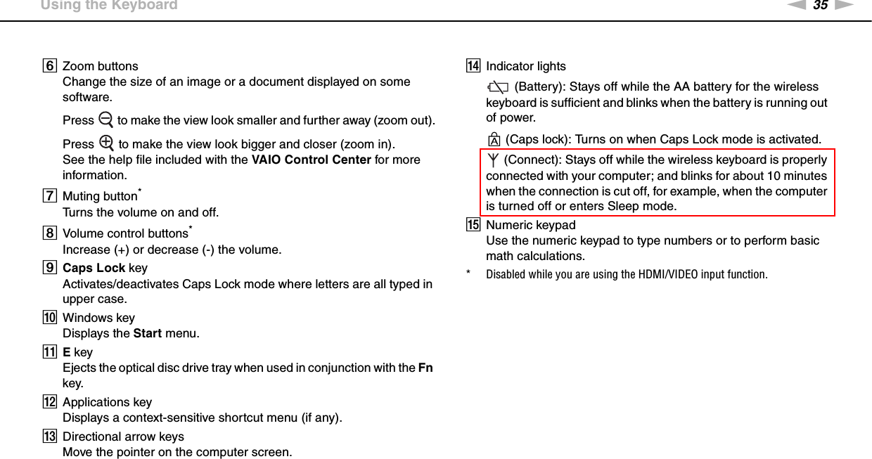 35nNUsing Your VAIO Computer &gt;Using the KeyboardFZoom buttonsChange the size of an image or a document displayed on some software.Press   to make the view look smaller and further away (zoom out).Press   to make the view look bigger and closer (zoom in).See the help file included with the VAIO Control Center for more information.GMuting button*Turns the volume on and off.HVolume control buttons*Increase (+) or decrease (-) the volume.ICaps Lock keyActivates/deactivates Caps Lock mode where letters are all typed in upper case.JWindows keyDisplays the Start menu.KE keyEjects the optical disc drive tray when used in conjunction with the Fn key.LApplications keyDisplays a context-sensitive shortcut menu (if any).MDirectional arrow keysMove the pointer on the computer screen.NIndicator lights (Battery): Stays off while the AA battery for the wireless keyboard is sufficient and blinks when the battery is running out of power. (Caps lock): Turns on when Caps Lock mode is activated. (Connect): Stays off while the wireless keyboard is properly connected with your computer; and blinks for about 10 minutes when the connection is cut off, for example, when the computer is turned off or enters Sleep mode.ONumeric keypadUse the numeric keypad to type numbers or to perform basic math calculations.* Disabled while you are using the HDMI/VIDEO input function.