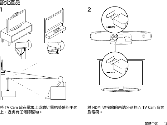 繁體中文  13設定產品1  2 將 TV Cam 放在電視上或靠近電視螢幕的平面上，避免有任何障礙物。將 HDMI 連接線的兩端分別插入 TV Cam 背面及電視。