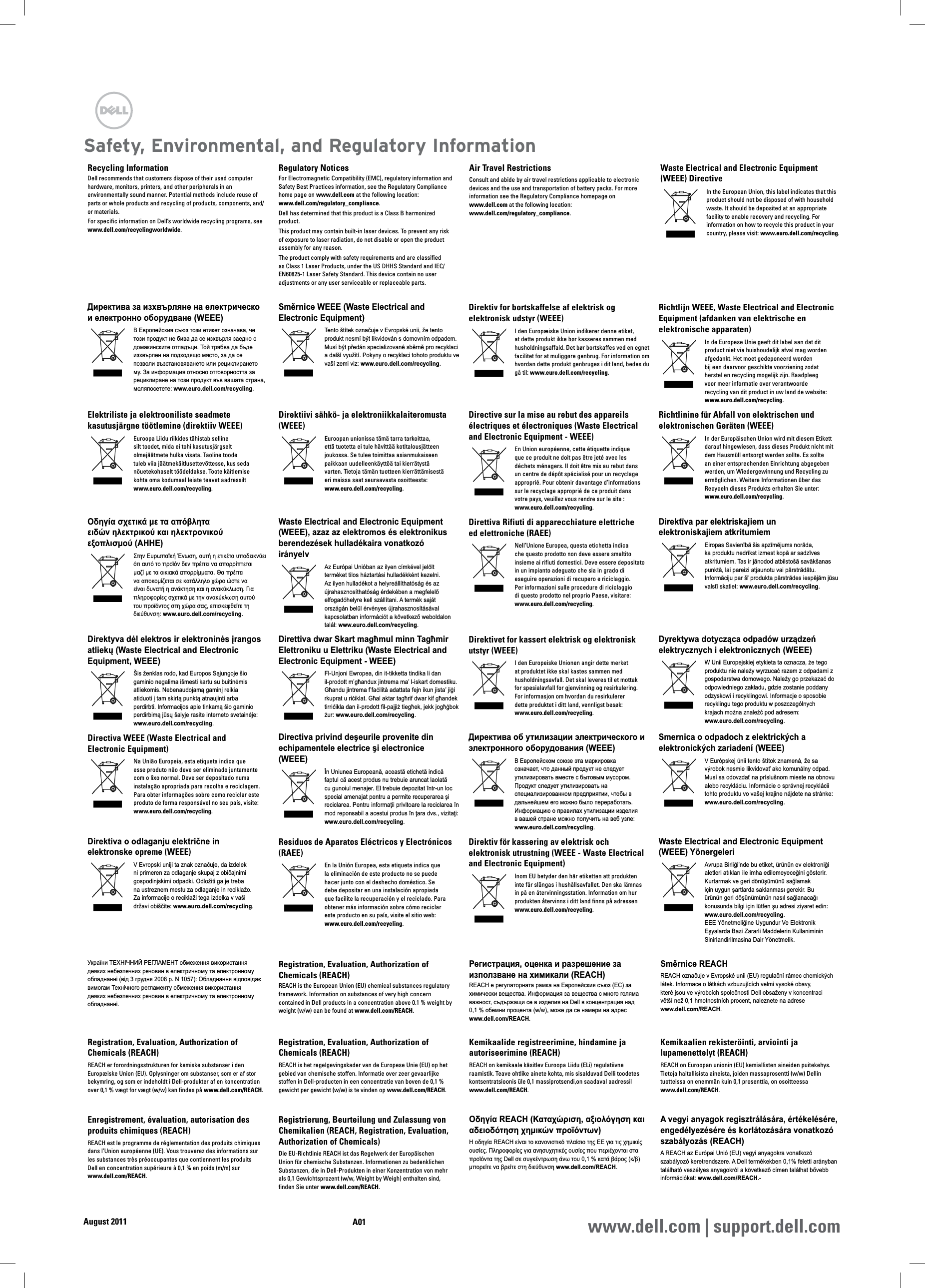 Recycling InformationDell recommends that customers dispose of their used computer hardware, monitors, printers, and other peripherals in an environmentally sound manner. Potential methods include reuse of parts or whole products and recycling of products, components, and/or materials. For specific information on Dell’s worldwide recycling programs, see www.dell.com/recyclingworldwide.Regulatory NoticesFor Electromagnetic Compatibility (EMC), regulatory information and Safety Best Practices information, see the Regulatory Compliance home page on www.dell.com at the following location: www.dell.com/regulatory_compliance.Dell has determined that this product is a Class B harmonized product.This product may contain built-in laser devices. To prevent any risk of exposure to laser radiation, do not disable or open the product assembly for any reason.The product comply with safety requirements and are classified as Class 1 Laser Products, under the US DHHS Standard and IEC/EN60825-1 Laser Safety Standard. This device contain no user adjustments or any user serviceable or replaceable parts.Air Travel RestrictionsConsult and abide by air travel restrictions applicable to electronic devices and the use and transportation of battery packs. For more information see the Regulatory Compliance homepage on www.dell.com at the following location: www.dell.com/regulatory_compliance.Waste Electrical and Electronic Equipment (WEEE) DirectiveIn the European Union, this label indicates that this product should not be disposed of with household waste. It should be deposited at an appropriate facility to enable recovery and recycling. For information on how to recycle this product in your country, please visit: www.euro.dell.com/recycling.Директива за изхвърляне на електрическо и електронно оборудване (WEEE)В Европейския съюз този етикет означава, че този продукт не бива да се изхвърля заедно с домакинските отпадъци. Той трябва да бъде изхвърлен на подходящо място, за да се позволи възстановяването или рециклирането му. За информация относно отговорността за рециклиране на този продукт във вашата страна, моляпосетете: www.  euro.  dell.  com/  recycling.Směrnice WEEE (Waste Electrical and Electronic Equipment)Tento štítek označuje v Evropské unii, že tento produkt nesmí být likvidován s domovním odpadem. Musí být předán specializované sběrně pro recyklaci a další využití. Pokyny o recyklaci tohoto produktu ve vaší zemi viz: www.  euro.  dell.  com/  recycling.Direktiv for bortskaffelse af elektrisk og elektronisk udstyr (WEEE)I den Europæiske Union indikerer denne etiket, at dette produkt ikke bør kasseres sammen med husholdningsaffald. Det bør bortskaffes ved en egnet facilitet for at muliggøre genbrug. For information om hvordan dette produkt genbruges i dit land, bedes du gå til: www.  euro.  dell.  com/  recycling.Richtlijn WEEE, Waste Electrical and Electronic Equipment (afdanken van elektrische en elektronische apparaten)In de Europese Unie geeft dit label aan dat dit product niet via huishoudelijk afval mag worden afgedankt. Het moet gedeponeerd worden bij een daarvoor geschikte voorziening zodat herstel en recycling mogelijk zijn. Raadpleeg voor meer informatie over verantwoorde recycling van dit product in uw land de website: www.  euro.  dell.  com/  recycling.Elektriliste ja elektrooniliste seadmete kasutusjärgne töötlemine (direktiiv WEEE)Euroopa Liidu riikides tähistab selline silt toodet, mida ei tohi kasutusjärgselt olmejäätmete hulka visata. Taoline toode tuleb viia jäätmekäitlusettevõttesse, kus seda nõuetekohaselt töödeldakse. Toote käitlemise kohta oma kodumaal leiate teavet aadressilt www.  euro.  dell.  com/  recycling.Direktiivi sähkö- ja elektroniikkalaiteromusta (WEEE)Euroopan unionissa tämä tarra tarkoittaa, että tuotetta ei tule hävittää kotitalousjätteen joukossa. Se tulee toimittaa asianmukaiseen paikkaan uudelleenkäyttöä tai kierrätystä varten. Tietoja tämän tuotteen kierrättämisestä eri maissa saat seuraavasta osoitteesta: www.  euro.  dell.  com/  recycling.Directive sur la mise au rebut des appareils électriques et électroniques (Waste Electrical and Electronic Equipment - WEEE)En Union européenne, cette étiquette indique que ce produit ne doit pas être jeté avec les déchets ménagers. Il doit être mis au rebut dans un centre de dépôt spécialisé pour un recyclage approprié. Pour obtenir davantage d’informations sur le recyclage approprié de ce produit dans votre pays, veuillez vous rendre sur le site : www.  euro.  dell.  com/  recycling.Richtlinine für Abfall von elektrischen und elektronischen Geräten (WEEE)In der Europäischen Union wird mit diesem Etikett darauf hingewiesen, dass dieses Produkt nicht mit dem Hausmüll entsorgt werden sollte. Es sollte an einer entsprechenden Einrichtung abgegeben werden, um Wiedergewinnung und Recycling zu ermöglichen. Weitere Informationen über das Recyceln dieses Produkts erhalten Sie unter: www.  euro.  dell.  com/  recycling.Οδηγία σχετικά με τα απόβλητα ειδών ηλεκτρικού και ηλεκτρονικού εξοπλισμού (ΑΗΗΕ)Στην Ευρωπαϊκή Ένωση, αυτή η ετικέτα υποδεικνύει ότι αυτό το προϊόν δεν πρέπει να απορρίπτεται μαζί με τα οικιακά απορρίμματα. Θα πρέπει να αποκομίζεται σε κατάλληλο χώρο ώστε να είναι δυνατή η ανάκτηση και η ανακύκλωση. Για πληροφορίες σχετικά με την ανακύκλωση αυτού του προϊόντος στη χώρα σας, επισκεφθείτε τη διεύθυνση: www.  euro.  dell.  com/  recycling.Waste Electrical and Electronic Equipment (WEEE), azaz az elektromos és elektronikus berendezések hulladékaira vonatkozó irányelvAz Európai Unióban az ilyen címkével jelölt terméket tilos háztartási hulladékként kezelni. Az ilyen hulladékot a helyreállíthatóság és az újrahasznosíthatóság érdekében a megfelelő elfogadóhelyre kell szállítani. A termék saját országán belül érvényes újrahasznosításával kapcsolatban információt a következő weboldalon talál: www.  euro.  dell.  com/  recycling.Direttiva Rifiuti di apparecchiature elettriche ed elettroniche (RAEE)Nell’Unione Europea, questa etichetta indica che questo prodotto non deve essere smaltito insieme ai rifiuti domestici. Deve essere depositato in un impianto adeguato che sia in grado di eseguire operazioni di recupero e riciclaggio. Per informazioni sulle procedure di riciclaggio di questo prodotto nel proprio Paese, visitare: www.  euro.  dell.  com/  recycling.Direktīva par elektriskajiem un elektroniskajiem atkritumiemEiropas Savienībā šis apzīmējums norāda, ka produktu nedrīkst izmest kopā ar sadzīves atkritumiem. Tas ir jānodod atbilstošā savākšanas punktā, lai pareizi atjaunotu vai pārstrādātu. Informāciju par šī produkta pārstrādes iespējām jūsu valstī skatiet: www.  euro.  dell.  com/  recycling.Direktyva dėl elektros ir elektroninės įrangos atliekų (Waste Electrical and Electronic Equipment, WEEE)Šis ženklas rodo, kad Europos Sąjungoje šio gaminio negalima išmesti kartu su buitinėmis atliekomis. Nebenaudojamą gaminį reikia atiduoti į tam skirtą punktą atnaujinti arba perdirbti. Informacijos apie tinkamą šio gaminio perdirbimą jūsų šalyje rasite interneto svetainėje: www.  euro.  dell.  com/  recycling.Direttiva dwar Skart magħmul minn Tagħmir Elettroniku u Elettriku (Waste Electrical and Electronic Equipment - WEEE)Fl-Unjoni Ewropea, din it-tikketta tindika li dan il-prodott m’għandux jintrema ma’ l-iskart domestiku. Għandu jintrema f’faċilità adattata fejn ikun jista’ jiġi rkuprat u riċiklat. Għal aktar tagħrif dwar kif għandek tirriċikla dan il-prodott fil-pajjiż tiegħek, jekk jogħġbok żur: www.  euro.  dell.  com/  recycling.Direktivet for kassert elektrisk og elektronisk utstyr (WEEE)I den Europeiske Unionen angir dette merket at produktet ikke skal kastes sammen med husholdningsavfall. Det skal leveres til et mottak for spesialavfall for gjenvinning og resirkulering. For informasjon om hvordan du resirkulerer dette produktet i ditt land, vennligst besøk: www.  euro.  dell.  com/  recycling.Dyrektywa dotycząca odpadów urządzeń elektrycznych i elektronicznych (WEEE)W Unii Europejskiej etykieta ta oznacza, że tego produktu nie należy wyrzucać razem z odpadami z gospodarstwa domowego. Należy go przekazać do odpowiedniego zakładu, gdzie zostanie poddany odzyskowi i recyklingowi. Informacje o sposobie recyklingu tego produktu w poszczególnych krajach można znaleźć pod adresem: www.  euro.  dell.  com/  recycling.Directiva WEEE (Waste Electrical and Electronic Equipment)Na União Europeia, esta etiqueta indica que esse produto não deve ser eliminado juntamente com o lixo normal. Deve ser depositado numa instalação apropriada para recolha e reciclagem. Para obter informações sobre como reciclar este produto de forma responsável no seu país, visite: www.  euro.  dell.  com/  recycling.Directiva privind deşeurile provenite din echipamentele electrice şi electronice (WEEE)În Uniunea Europeană, această etichetă indică faptul că acest produs nu trebuie aruncat laolată cu gunoiul menajer. El trebuie depozitat într-un loc special amenajat pentru a permite recuperarea şi reciclarea. Pentru informaţii privitoare la reciclarea în mod reponsabil a acestui produs în ţara dvs., vizitaţi: www.  euro.  dell.  com/  recycling.Директива об утилизации электрического и электронного оборудования (WEEE)В Европейском союзе эта маркировка означает, что данный продукт не следует утилизировать вместе с бытовым мусором. Продукт следует утилизировать на специализированном предприятии, чтобы в дальнейшем его можно было переработать. Информацию о правилах утилизации изделия в вашей стране можно получить на веб узле: www.  euro.  dell.  com/  recycling.Smernica o odpadoch z elektrických a elektronických zariadení (WEEE)V Európskej únii tento štítok znamená, že sa výrobok nesmie likvidovať ako komunálny odpad. Musí sa odovzdať na príslušnom mieste na obnovu alebo recykláciu. Informácie o správnej recyklácii tohto produktu vo vašej krajine nájdete na stránke: www.  euro.  dell.  com/  recycling.Direktiva o odlaganju električne in elektronske opreme (WEEE)V Evropski uniji ta znak označuje, da izdelek ni primeren za odlaganje skupaj z običajnimi gospodinjskimi odpadki. Odložiti ga je treba na ustreznem mestu za odlaganje in reciklažo. Za informacije o reciklaži tega izdelka v vaši državi obiščite: www.  euro.  dell.  com/  recycling.Residuos de Aparatos Eléctricos y Electrónicos (RAEE)En la Unión Europea, esta etiqueta indica que la eliminación de este producto no se puede hacer junto con el deshecho doméstico. Se debe depositar en una instalación apropiada que facilite la recuperación y el reciclado. Para obtener más información sobre cómo reciclar este producto en su país, visite el sitio web: www.  euro.  dell.  com/  recycling.Direktiv för kassering av elektrisk och elektronisk utrustning (WEEE - Waste Electrical and Electronic Equipment)Inom EU betyder den här etiketten att produkten inte får slängas i hushållsavfallet. Den ska lämnas in på en återvinningsstation. Information om hur produkten återvinns i ditt land finns på adressen www.  euro.  dell.  com/  recycling.Waste Electrical and Electronic Equipment (WEEE) YönergeleriAvrupa Birliği’nde bu etiket, ürünün ev elektroniği aletleri atıkları ile imha edilemeyeceğini gösterir. Kurtarmak ve geri dönüşümünü sağlamak için uygun şartlarda saklanması gerekir. Bu ürünün geri döşünümünün nasıl sağlanacağı konusunda bilgi için lütfen şu adresi ziyaret edin: www.  euro.  dell.  com/  recycling. EEE Yönetmeliğine Uygundur Ve Elektronik Eşyalarda Bazi Zararli Maddelerin Kullaniminin Sinirlandirilmasina Dair Yönetmelik.України ТЕХНІЧНИЙ РЕГЛАМЕНТ обмеження використання деяких небезпечних речовин в електричному та електронному обладнанні (від 3 грудня 2008 р. N 1057): Обладнання відповідає вимогам Технічного регламенту обмеження використання деяких небезпечних речовин в електричному та електронному обладнанні.Registration, Evaluation, Authorization of Chemicals (REACH)REACH is the European Union (EU) chemical substances regulatory framework. Information on substances of very high concern contained in Dell products in a concentration above 0.1 % weight by weight (w/ w) can be found at www. dell. com/ REACH.Регистрация, оценка и разрешение за използване на химикали (REACH)REACH е регулаторната рамка на Европейския съюз (ЕС) за химически вещества. Информация за вещества с много голяма важност, съдържащи се в изделия на Dell в концентрация над 0,1 % обемни процента (w/ w), може да се намери на адрес www. dell. com/ REACH.Směrnice REACHREACH označuje v Evropské unii (EU) regulační rámec chemických látek. Informace o látkách vzbuzujících velmi vysoké obavy, které jsou ve výrobcích společnosti Dell obsaženy v koncentraci větší než 0,1 hmotnostních procent, naleznete na adrese www. dell. com/ REACH.Registration, Evaluation, Authorization of Chemicals (REACH)REACH er forordningsstrukturen for kemiske substanser i den Europæiske Union (EU). Oplysninger om substanser, som er af stor bekymring, og som er indeholdt i Dell-produkter af en koncentration over 0,1 % vægt for vægt (w/ w) kan findes på www. dell. com/ REACH.Registration, Evaluation, Authorization of Chemicals (REACH)REACH is het regelgevingskader van de Europese Unie (EU) op het gebied van chemische stoffen. Informatie over zeer gevaarlijke stoffen in Dell-producten in een concentratie van boven de 0,1 % gewicht per gewicht (w/w) is te vinden op www.dell.com/REACH.Kemikaalide registreerimine, hindamine ja autoriseerimine (REACH)REACH on kemikaale käsitlev Euroopa Liidu (ELi) regulatiivne raamistik. Teave ohtlike ainete kohta, mis sisalduvad Delli toodetes kontsentratsioonis üle 0,1 massiprotsendi,on saadaval aadressil www.dell.com/REACH.Kemikaalien rekisteröinti, arviointi ja lupamenettelyt (REACH)REACH on Euroopan unionin (EU) kemiallisten aineiden puitekehys. Tietoja haitallisista aineista, joiden massaprosentti (w/ w) Dellin tuotteissa on enemmän kuin 0,1 prosenttia, on osoitteessa www. dell. com/ REACH.Enregistrement, évaluation, autorisation des produits chimiques (REACH)REACH est le programme de réglementation des produits chimiques dans l’Union européenne (UE). Vous trouverez des informations sur les substances très préoccupantes que contiennent les produits Dell en concentration supérieure à 0,1 % en poids (m/ m) sur www. dell. com/ REACH.Registrierung, Beurteilung und Zulassung von Chemikalien (REACH, Registration, Evaluation, Authorization of Chemicals)Die EU-Richtlinie REACH ist das Regelwerk der Europäischen Union für chemische Substanzen. Informationen zu bedenklichen Substanzen, die in Dell-Produkten in einer Konzentration von mehr als 0,1 Gewichtsprozent (w/ w, Weight by Weigh) enthalten sind, finden Sie unter www. dell. com/ REACH.Οδηγία REACH (Καταχώριση, αξιολόγηση και αδειοδότηση χημικών προϊόντων)Η οδηγία REACH είναι το κανονιστικό πλαίσιο της ΕΕ για τις χημικές ουσίες. Πληροφορίες για ανησυχητικές ουσίες που περιέχονται στα προϊόντα της Dell σε συγκέντρωση άνω του 0,1 % κατά βάρος (κ/ β) μπορείτε να βρείτε στη διεύθυνση www. dell. com/ REACH.A vegyi anyagok regisztrálására, értékelésére, engedélyezésére és korlátozására vonatkozó szabályozás (REACH)A REACH az Európai Unió (EU) vegyi anyagokra vonatkozó szabályozó keretrendszere. A Dell termékekben 0,1% feletti arányban található veszélyes anyagokról a következő címen találhat bővebb információkat: www. dell. com/ REACH.-Safety, Environmental, and Regulatory InformationAugust 2011 www.dell.com | support.dell.comA01