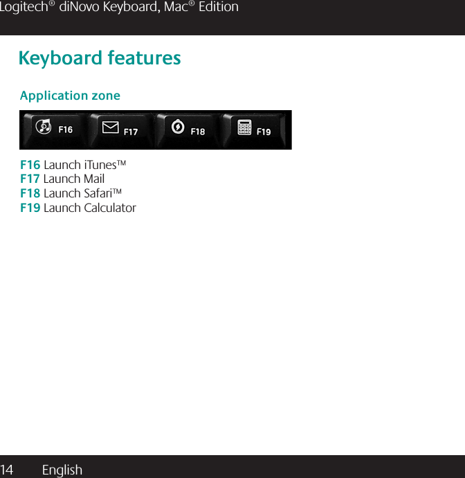 14  English Logitech® diNovo Keyboard, Mac® EditionKeyboard featuresApplication zoneF16 Launch iTunes™F17 Launch MailF18 Launch Safari™F19 Launch Calculator