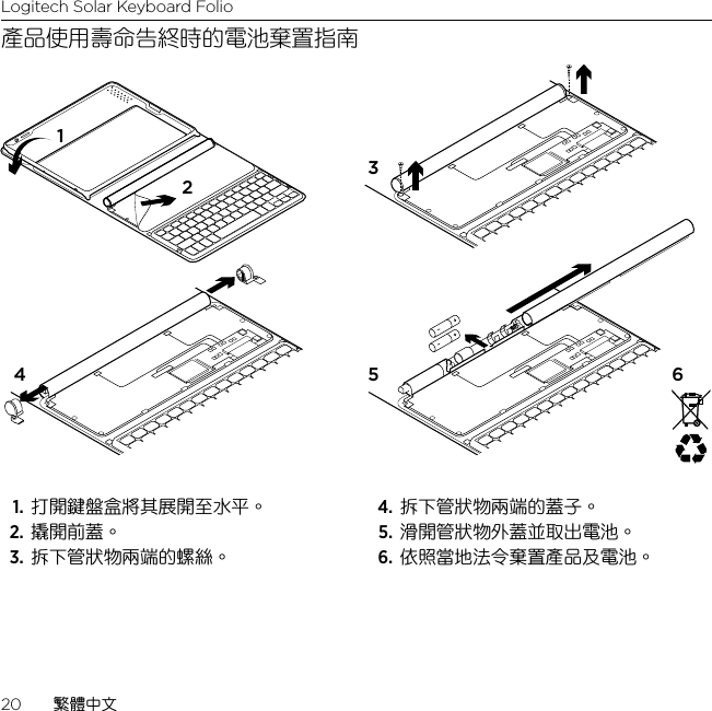 Logitech Solar Keyboard Folio20  繁體中文產品使用壽命告終時的電池棄置指南1. 打開鍵盤盒將其展開至水平。2. 撬開前蓋。3. 拆下管狀物兩端的螺絲。4. 拆下管狀物兩端的蓋子。5. 滑開管狀物外蓋並取出電池。6. 依照當地法令棄置產品及電池。1234 5 6