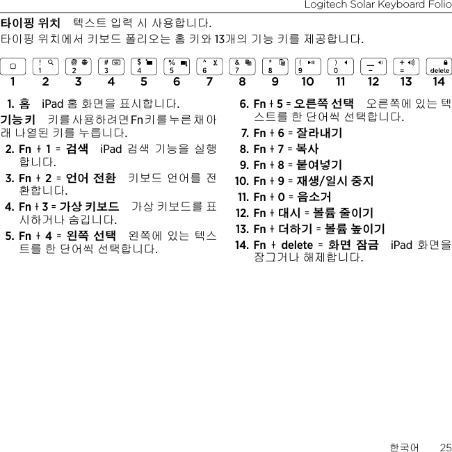 Logitech Solar Keyboard Folio한국어  25타이핑 위치 텍스트 입력 시 사용합니다.타이핑 위치에서 키보드 폴리오는 홈 키와 13개의 기능 키를 제공합니다.1. 홈 iPad 홈 화면을 표시합니다. 기능 키 키를 사용하려면 Fn 키를 누른 채 아래 나열된 키를 누릅니다. 2. Fn  + 1 = 검색 iPad  검색 기능을 실행합니다.3. Fn + 2 = 언어 전환 키보드 언어를 전환합니다.4. Fn + 3 = 가상 키보드 가상 키보드를 표시하거나 숨깁니다.5. Fn + 4 = 왼쪽 선택 왼쪽에 있는 텍스트를 한 단어씩 선택합니다.6. Fn + 5 = 오른쪽 선택 오른쪽에 있는 텍스트를 한 단어씩 선택합니다.7.  Fn + 6 = 잘라내기8. Fn + 7 = 복사9.  Fn + 8 = 붙여넣기10. Fn + 9 = 재생/일시 중지11. Fn + 0 = 음소거12. Fn + 대시 = 볼륨 줄이기13. Fn + 더하기 = 볼륨 높이기14. Fn  + delete = 화면 잠금 iPad  화면을 잠그거나 해제합니다.1 2 3 4 5 6 7 8 9 10 11 12 13 14