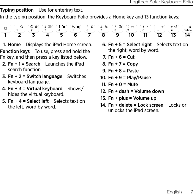 Logitech Solar Keyboard FolioEnglish  7Typing position Use for entering text.In the typing position, the Keyboard Folio provides a Home key and 13 function keys:1. Home Displays the iPad Home screen. Function keys To use, press and hold the Fn key, and then press a key listed below. 2. Fn + 1 = Search Launches the iPad search function.3. Fn + 2 = Switch language Switches keyboard language.4. Fn + 3 = Virtual keyboard Shows/hides the virtual keyboard.5. Fn + 4 = Select left Selects text on the left, word by word.6. Fn + 5 = Select right Selects text on the right, word by word.7.  Fn + 6 = Cut8. Fn + 7 = Copy9.  Fn + 8 = Paste10. Fn + 9 = Play/Pause11. Fn + 0 = Mute12. Fn + dash = Volume down13. Fn + plus = Volume up14. Fn + delete = Lock screen Locks or unlocks the iPad screen.1 2 3 4 5 6 7 8 9 10 11 12 13 14