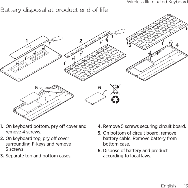 Wireless Illuminated KeyboardEnglish  13Battery disposal at product end of life1.  On keyboard bottom, pry o cover and remove 4 screws.2. On keyboard top, pry o cover surrounding F-keys and remove 5 screws.3. Separate top and bottom cases.4. Remove 5 screws securing circuit board.5. On bottom of circuit board, remove battery cable. Remove battery from bottom case. 6. Dispose of battery and product according to local laws.1 2 435 6