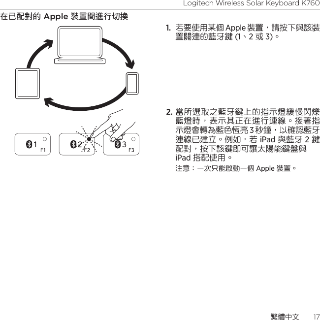 Logitech Wireless Solar Keyboard K760繁體中文  17在已配對的 Apple 裝置間進行切換1.  若要使用某個 Apple 裝置，請按下與該裝置關連的藍牙鍵 (1、2 或 3)。2. 當所選取之藍牙鍵上的指示燈緩慢閃爍藍燈時，表示其正在進行連線。接著指示燈會轉為藍色恆亮 3 秒鐘，以確認藍牙連線已建立。例如，若 iPad 與藍牙 2 鍵配對，按下該鍵即可讓太陽能鍵盤與  iPad 搭配使用。注意：一次只能啟動一個 Apple 裝置。