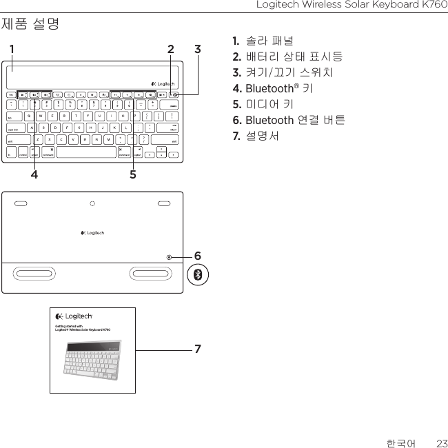 Logitech Wireless Solar Keyboard K760한국어  23제품 설명1.  솔라 패널 2. 배터리 상태 표시등 3. 켜기/끄기 스위치 4. Bluetooth® 키 5. 미디어 키 6. Bluetooth 연결 버튼7.  설명서 4 51 3672Getting started withLogitech® Wireless Solar Keyboard K760