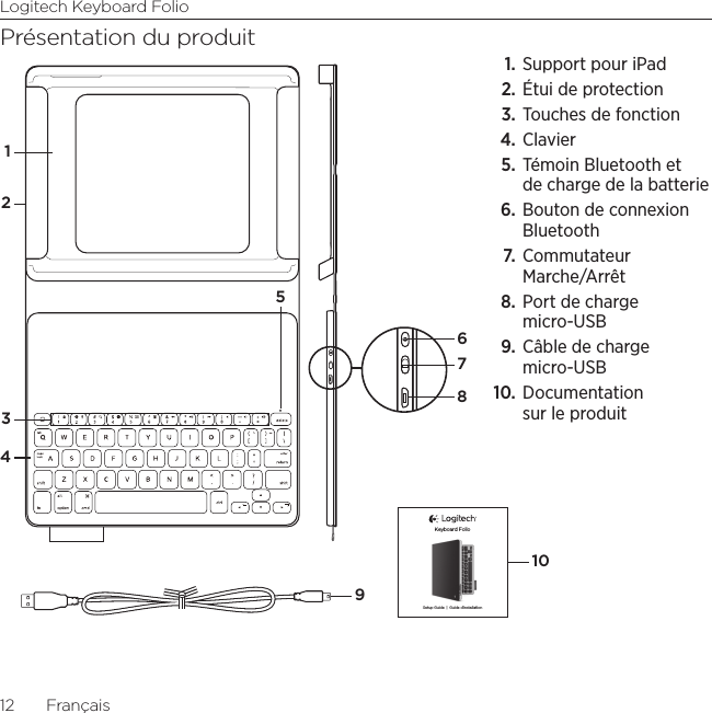 Logitech Keyboard Folio12  FrançaisPrésentation du produit1. Support pour iPad2. Étui de protection3. Touches de fonction4. Clavier5. Témoin Bluetooth et de charge de la batterie6. Bouton de connexion Bluetooth7. Commutateur Marche/Arrêt8. Port de charge micro-USB9. Câble de charge micro-USB10. Documentation sur le produitSetup Guide  |  Guide d’installationKeyboard Folio51243678910