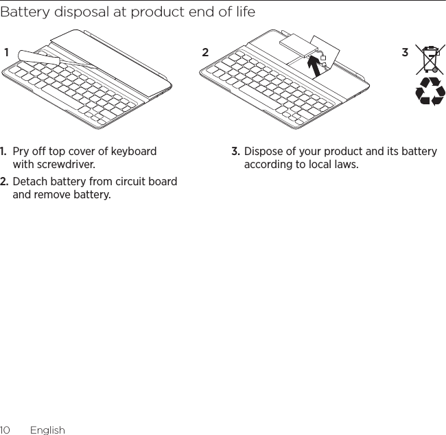 Logitech Ultrathin Keyboard Cover10EnglishBattery disposal at product end of life1.  Pry o top cover of keyboard with screwdriver.2. Detach battery from circuit board and remove battery.3. Dispose of your product and its battery according to local laws.123