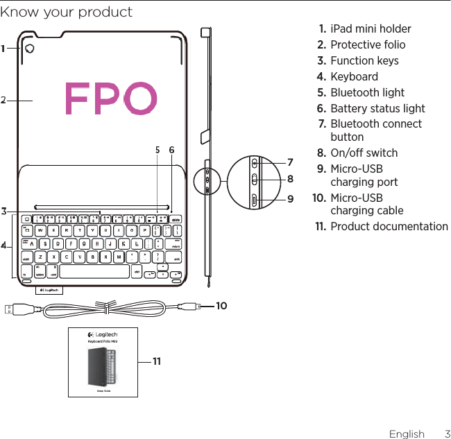 Logitech Keyboard Folio MiniEnglish  3Know your product1. iPad mini holder2. Protective folio3. Function keys4. Keyboard5. Bluetooth light6. Battery status light7.  Bluetooth connect button8. On/o switch9.  Micro-USB charging port10. Micro-USB charging cable11. Product documentationSetup GuideKeyboard Folio Mini5 612437891011