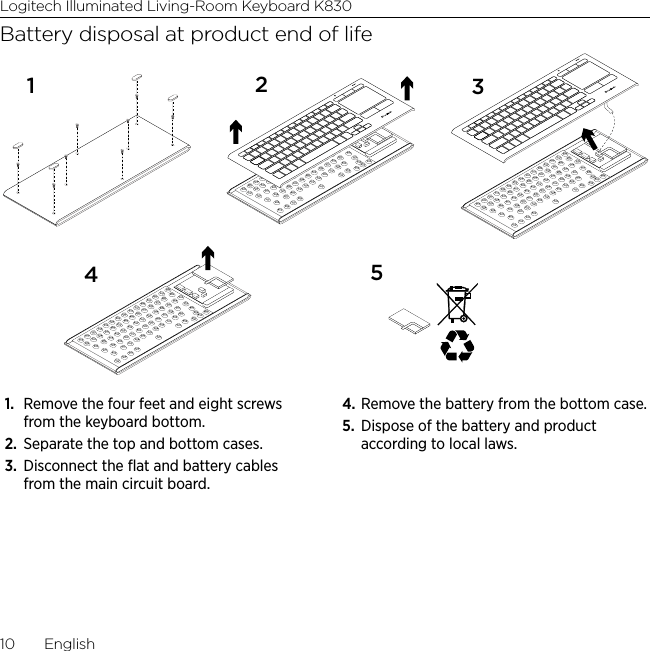 Logitech Illuminated Living-Room Keyboard K83010  EnglishBattery disposal at product end of life124351.  Remove the four feet and eight screws from the keyboard bottom.2.  Separate the top and bottom cases.3.  Disconnect the ﬂat and battery cables from the main circuit board. 4. Remove the battery from the bottom case. 5.  Dispose of the battery and product according to local laws.