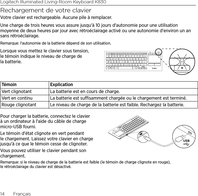 Logitech Illuminated Living-Room Keyboard K83014  FrançaisRechargement de votre clavierVotre clavier est rechargeable. Aucune pile à remplacer. Une charge de trois heures vous assure jusqu&apos;à 10 jours d&apos;autonomie pour une utilisation moyenne de deux heures par jour avec rétroéclairage activé ou une autonomie d&apos;environ un an sans rétroéclairage. Remarque: l&apos;autonomie de la batterie dépend de son utilisation. Lorsque vous mettez le clavier sous tension, le témoin indique le niveau de charge de la batterie.Témoin ExplicationVert clignotant La batterie est en cours de charge.Vert en continu La batterie est susamment chargée ou le chargement est terminé. Rouge clignotant Le niveau de charge de la batterie est faible. Rechargez la batterie.Pour charger la batterie, connectez le clavier à un ordinateur à l&apos;aide du câble de charge micro-USB fourni. Le témoin d&apos;état clignote en vert pendant le chargement. Laissez votre clavier en charge jusqu&apos;à ce que le témoin cesse de clignoter.Vous pouvez utiliser le clavier pendant son chargement.Remarque: si le niveau de charge de la batterie est faible (le témoin de charge clignote en rouge), le rétroéclairage du clavier est désactivé.USB