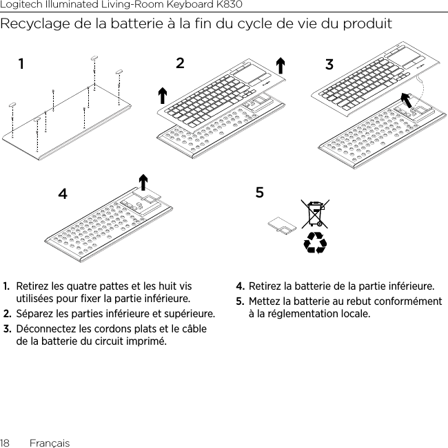 Logitech Illuminated Living-Room Keyboard K83018  FrançaisRecyclage de la batterie à la ﬁn du cycle de vie du produit124351.  Retirez les quatre pattes et les huit vis utilisées pour ﬁxer la partie inférieure.2.  Séparez les parties inférieure et supérieure.3.  Déconnectez les cordons plats et le câble de la batterie du circuit imprimé. 4. Retirez la batterie de la partie inférieure. 5.  Mettez la batterie au rebut conformément à la réglementation locale.