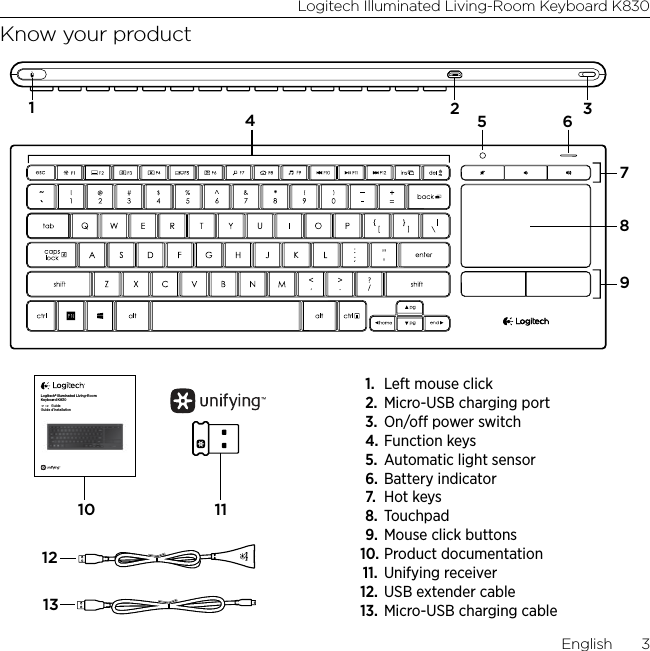 Logitech Illuminated Living-Room Keyboard K830English  3Know your product71189112132 345 610Logitech® Illuminated Living-Room Keyboard K830Setup GuideGuide d’installation1.  Left mouse click2.  Micro-USB charging port 3.  On/o power switch 4. Function keys5.  Automatic light sensor6. Battery indicator7.  Hot keys 8.  Touchpad9.  Mouse click buttons10. Product documentation11.  Unifying receiver12. USB extender cable13. Micro-USB charging cable