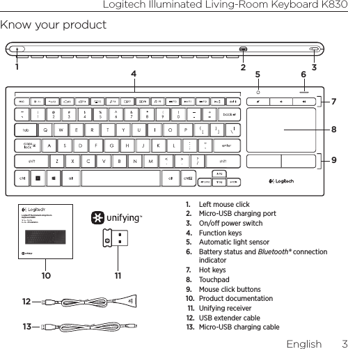 Logitech Illuminated Living-Room Keyboard K830English  3Know your product71189112132 345 610Logitech® Illuminated Living-Room Keyboard K830Setup GuideGuide d’installation1.  Left mouse click2.  Micro-USB charging port 3.  On/o power switch 4.  Function keys5.  Automatic light sensor6.  Battery status and Bluetooth® connection indicator7.  Hot keys 8.  Touchpad9.  Mouse click buttons10.  Product documentation11.  Unifying receiver12.  USB extender cable13.  Micro-USB charging cable