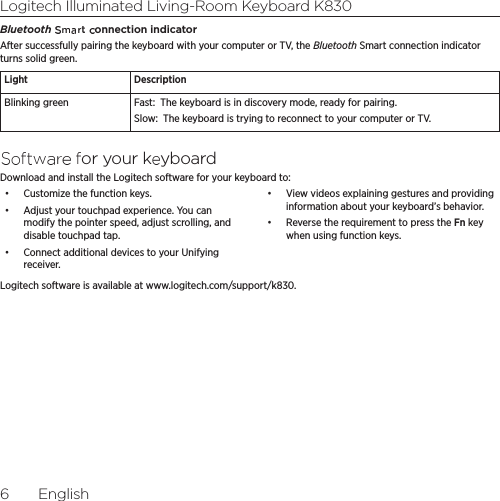 Logitech Illuminated Living-Room Keyboard K8306  EnglishBluetooth Smart connection indicatorAfter successfully pairing the keyboard with your computer or TV, the Bluetooth Smart connection indicator turns solid green.Light DescriptionBlinking green Fast: The keyboard is in discovery mode, ready for pairing.Slow: The keyboard is trying to reconnect to your computer or TV.Software for your keyboardDownload and install the Logitech software for your keyboard to:•  Customize the function keys.•  Adjust your touchpad experience. You can modify the pointer speed, adjust scrolling, and disable touchpad tap.•  Connect additional devices to your Unifying receiver.•  View videos explaining gestures and providing information about your keyboard’s behavior. •  Reverse the requirement to press the Fn key when using function keys.Logitech software is available at www.logitech.com/support/k830.
