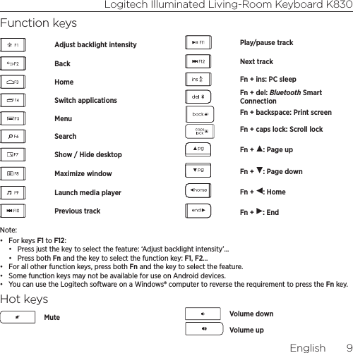 Logitech Illuminated Living-Room Keyboard K830English  9Function keysAdjust backlight intensityBackHomeSwitch applicationsMenuSearchShow / Hide desktopMaximize windowLaunch media playerPrevious trackPlay/pause trackNext trackFn + ins: PC sleepFn + del: Bluetooth Smart ConnectionFn + backspace: Print screenFn + caps lock: Scroll lockFn +  : Page upFn +  : Page downFn +  : HomeFn +  : EndNote: •  For keys F1 to F12:•  Press just the key to select the feature: ‘Adjust backlight intensity’...•  Press both Fn and the key to select the function key: F1, F2...•  For all other function keys, press both Fn and the key to select the feature.•  Some function keys may not be available for use on Android devices.•  You can use the Logitech software on a Windows® computer to reverse the requirement to press the Fn key. Hot keysMute Volume downVolume up