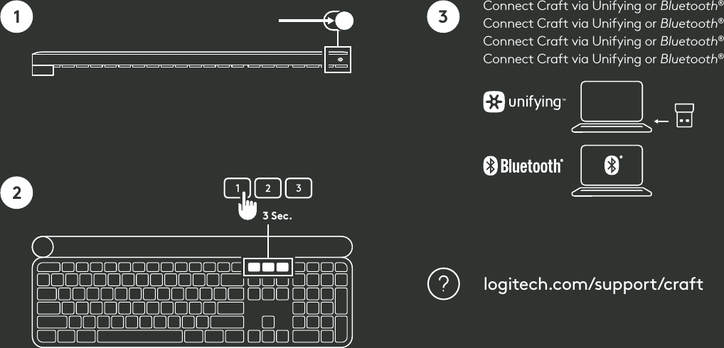 3 Sec.123Connect Craft via Unifying or Bluetooth®Connect Craft via Unifying or Bluetooth®Connect Craft via Unifying or Bluetooth®Connect Craft via Unifying or Bluetooth®logitech.com/support/craft