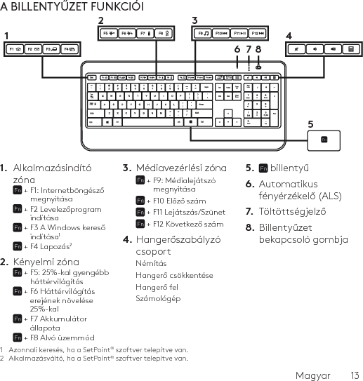 Magyar  13A BILLENTYŰZET FUNKCIÓI1.  Alkalmazásindító zóna +  F1: Internetböngésző megnyitása +  F2 Levelezőprogram indítása +  F3 A Windows kereső indítása1 + F4 Lapozás22.  Kényelmi zóna +  F5: 25%-kal gyengébb háttérvilágítás +  F6 Háttérvilágítás erejének növelése 25%-kal +  F7 Akkumulátor állapota + F8 Alvó üzemmód 3.  Médiavezérlési zóna +  F9: Médialejátszó megnyitása + F10 Előző szám + F11 Lejátszás/Szünet + F12 Következő szám 4. Hangerőszabályzó csoportNémításHangerő csökkentéseHangerő felSzámológép5.   billentyű6.  Automatikus fényérzékelő (ALS)7.  Töltöttségjelző8.  Billentyűzet bekapcsoló gombja1  Azonnali keresés, ha a SetPoint® szoftver telepítve van.2  Alkalmazásváltó, ha a SetPoint® szoftver telepítve van.61234578