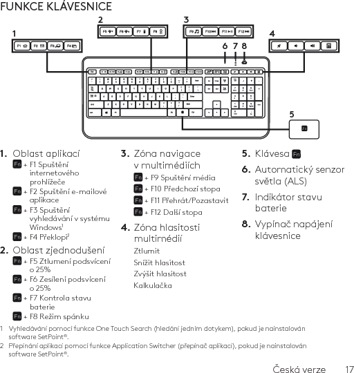 Česká verze    17FUNKCE KLÁVESNICE1.  Oblast aplikací +  F1 Spuštění internetového prohlížeče +  F2 Spuštění e-mailové aplikace +  F3 Spuštění vyhledávání v systému Windows1 + F4 Překlopi22.  Oblast zjednodušení +  F5 Ztlumení podsvícení o 25% +  F6 Zesílení podsvícení o 25% +  F7 Kontrola stavu baterie + F8 Režim spánku 3.  Zóna navigace v multimédiích + F9 Spuštění média + F10 Předchozí stopa + F11 Přehrát/Pozastavit + F12 Další stopa 4. Zóna hlasitosti  multimédiíZtlumitSnížit hlasitostZvýšit hlasitostKalkulačka5.  Klávesa 6.  Automatický senzor světla (ALS)7.  Indikátor stavu baterie8.  Vypínač napájení klávesnice1  Vyhledávání pomocí funkce One Touch Search (hledání jedním dotykem), pokud je nainstalován software SetPoint®.2  Přepínání aplikací pomocí funkce Application Switcher (přepínač aplikací), pokud je nainstalován software SetPoint®.61234578