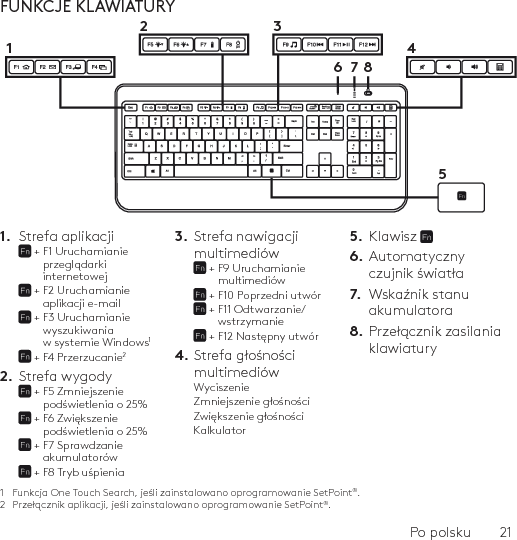 Po polsku  21FUNKCJE KLAWIATURY1.  Strefa aplikacji +  F1 Uruchamianie przeglądarki internetowej +  F2 Uruchamianie aplikacji e-mail +  F3 Uruchamianie wyszukiwania w systemie Windows1 + F4 Przerzucanie22.  Strefa wygody +  F5 Zmniejszenie podświetlenia o 25% +  F6 Zwiększenie podświetlenia o 25% +  F7 Sprawdzanie akumulatorów + F8 Tryb uśpienia 3.  Strefa nawigacji multimediów +  F9 Uruchamianie multimediów + F10 Poprzedni utwór +  F11 Odtwarzanie/wstrzymanie + F12 Następny utwór 4. Strefa głośności  multimediówWyciszenieZmniejszenie głośnościZwiększenie głośnościKalkulator5.  Klawisz 6.  Automatyczny czujnik światła7.  Wskaźnik stanu akumulatora8.  Przełącznik zasilania klawiatury1  Funkcja One Touch Search, jeśli zainstalowano oprogramowanie SetPoint®.2  Przełącznik aplikacji, jeśli zainstalowano oprogramowanie SetPoint®.61234578