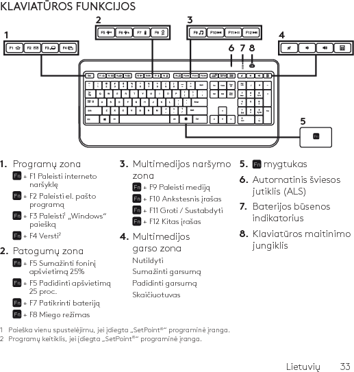 Lietuvių  33KLAVIATŪROS FUNKCIJOS1.  Programų zona +  F1 Paleisti interneto naršyklę +  F2 Paleisti el. pašto programą +  F3 Paleisti1 „Windows“ paiešką + F4 Versti22.  Patogumų zona +  F5 Sumažinti foninį apšvietimą 25% +  F5 Padidinti apšvietimą 25 proc. + F7 Patikrinti bateriją + F8 Miego režimas 3.  Multimedijos naršymo zona + F9 Paleisti mediją + F10 Ankstesnis įrašas + F11 Groti / Sustabdyti + F12 Kitas įrašas 4. Multimedijos garso zonaNutildytiSumažinti garsumąPadidinti garsumąSkaičiuotuvas5.   mygtukas6.  Automatinis šviesos jutiklis (ALS)7.  Baterijos būsenos indikatorius8.  Klaviatūros maitinimo jungiklis1  Paieška vienu spustelėjimu, jei įdiegta „SetPoint®“ programinė įranga.2  Programų keitiklis, jei įdiegta „SetPoint®“ programinė įranga.61234578