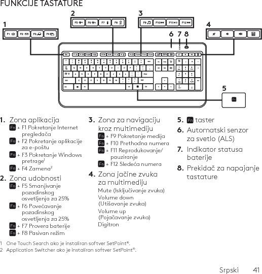 Srpski  41FUNKCIJE TASTATURE1.  Zona aplikacija +  F1 Pokretanje Internet pregledača +  F2 Pokretanje aplikacije za e-poštu +  F3 Pokretanje Windows pretrage1 + F4 Zamena22.  Zona udobnosti +  F5 Smanjivanje pozadinskog osvetljenja za 25% +  F6 Povećavanje pozadinskog osvetljenja za 25% + F7 Provera baterije + F8 Pasivan režim 3.  Zona za navigaciju kroz multimediju + F9 Pokretanje medija + F10 Prethodna numera +  F11 Reprodukovanje/pauziranje + F12 Sledeća numera 4. Zona jačine zvuka  za multimedijuMute (Isključivanje zvuka)Volume down (Utišavanje zvuka)Volume up (Pojačavanje zvuka)Digitron5.   taster6.  Automatski senzor za svetlo (ALS)7.  Indikator statusa baterije8.  Prekidač za napajanje tastature1  One Touch Search ako je instaliran softver SetPoint®.2  Application Switcher ako je instaliran softver SetPoint®.61234578