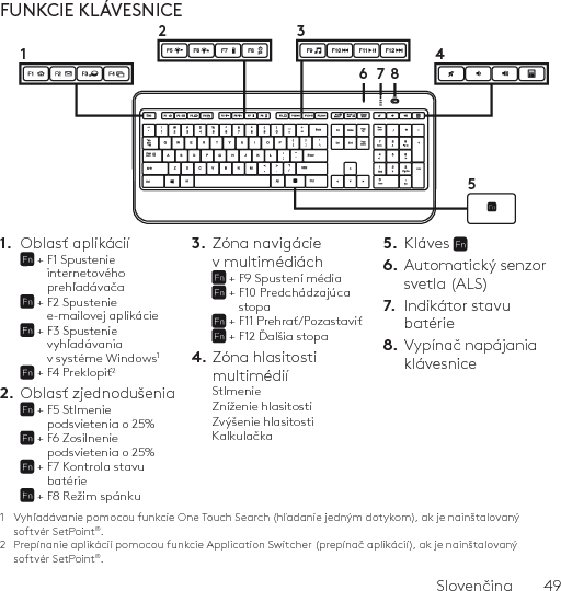 Slovenčina  49FUNKCIE KLÁVESNICE1.  Oblasť aplikácií +  F1 Spustenie internetového prehľadávača +  F2 Spustenie e-mailovej aplikácie +  F3 Spustenie vyhľadávania v systéme Windows1 + F4 Preklopiť22.  Oblasť zjednodušenia +  F5 Stlmenie podsvietenia o 25% +  F6 Zosilnenie podsvietenia o 25% +  F7 Kontrola stavu batérie + F8 Režim spánku 3.  Zóna navigácie v multimédiách + F9 Spustení média +  F10 Predchádzajúca stopa + F11 Prehrať/Pozastaviť + F12 Ďalšia stopa 4. Zóna hlasitosti  multimédiíStlmenieZníženie hlasitostiZvýšenie hlasitostiKalkulačka5.  Kláves 6.  Automatický senzor svetla (ALS)7.  Indikátor stavu batérie8.  Vypínač napájania klávesnice1  Vyhľadávanie pomocou funkcie One Touch Search (hľadanie jedným dotykom), ak je nainštalovaný softvér SetPoint®.2  Prepínanie aplikácií pomocou funkcie Application Switcher (prepínač aplikácií), ak je nainštalovaný softvér SetPoint®.61234578