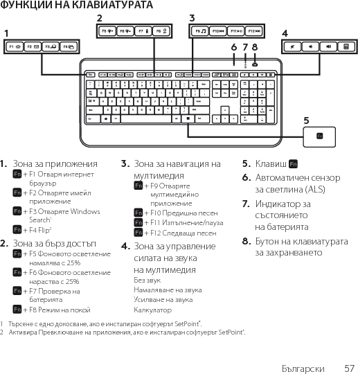 Български  57ФУНКЦИИ НА КЛАВИАТУРАТА1.  Зона за приложения +  F1 Отваря интернет браузър +  F2 Отваряте имейл приложение +  F3 Отваряте Windows Search1 + F4 Flip22.  Зона за бърз достъп +  F5 Фоновото осветление намалява с 25% +  F6 Фоновото осветление нараства с 25% +  F7 Проверка на батерията + F8 Режим на покой 3.  Зона за навигация на мултимедия +  F9 Отваряте мултимедийно приложение + F10 Предишна песен + F11 Изпълнение/пауза + F12 Следваща песен 4. Зона за управление  силата на звука на мултимедияБез звукНамаляване на звукаУсилване на звукаКалкулатор5.  Клавиш 6.  Автоматичен сензор за светлина (ALS)7.  Индикатор за състоянието на батерията8.  Бутон на клавиатурата за захранването1  Търсене с едно докосване, ако е инсталиран софтуерът SetPoint®.2  Активира Превключване на приложения, ако е инсталиран софтуерът SetPoint®.61234578