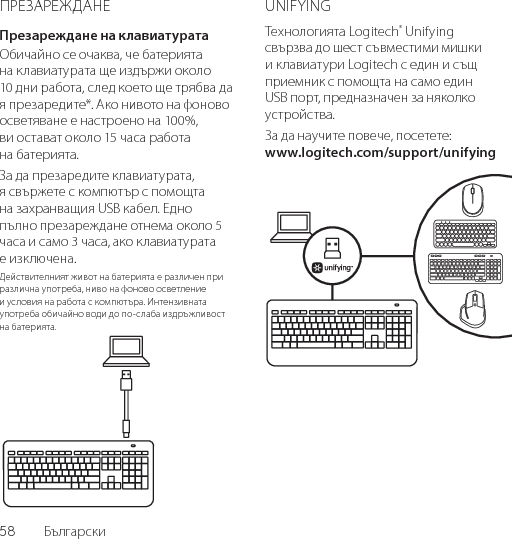 58  БългарскиПРЕЗАРЕЖДАНЕПрезареждане на клавиатуратаОбичайно се очаква, че батерията на клавиатурата ще издържи около 10 дни работа, след което ще трябва да я презаредите*. Ако нивото на фоново осветяване е настроено на 100%, ви остават около 15 часа работа на батерията. За да презаредите клавиатурата, я свържете с компютър с помощта на захранващия USB кабел. Едно пълно презареждане отнема около 5 часа и само 3 часа, ако клавиатурата е изключена.Действителният живот на батерията е различен при различна употреба, ниво на фоново осветление и условия на работа с компютъра. Интензивната употреба обичайно води до по-слаба издръжливост на батерията.UNIFYINGТехнологията Logitech® Unifying свързва до шест съвместими мишки и клавиатури Logitech с един и същ приемник с помощта на само един USB порт, предназначен за няколко устройства. За да научите повече, посетете: www.logitech.com/support/unifying